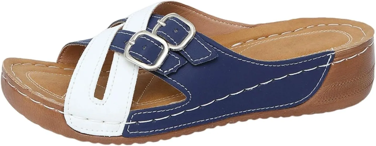 SuanlaTDS Orthopedic Sandals for Women 2025, Women's Platform Wedge Summer Crisscross Buckle Open Toe Slip-on Slides Beach Shoes Comfortable Dressy Low Heel Sandal with Arch Support