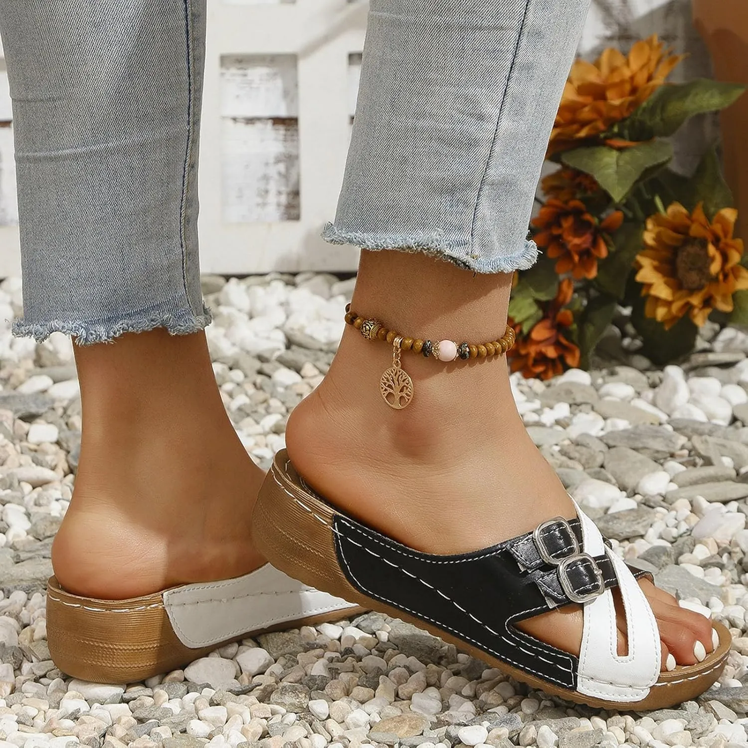SuanlaTDS Orthopedic Sandals for Women 2025, Women's Platform Wedge Summer Crisscross Buckle Open Toe Slip-on Slides Beach Shoes Comfortable Dressy Low Heel Sandal with Arch Support