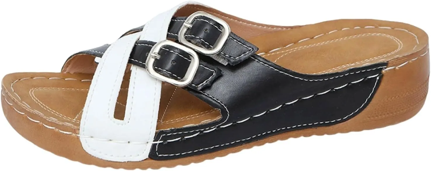 SuanlaTDS Orthopedic Sandals for Women 2025, Women's Platform Wedge Summer Crisscross Buckle Open Toe Slip-on Slides Beach Shoes Comfortable Dressy Low Heel Sandal with Arch Support