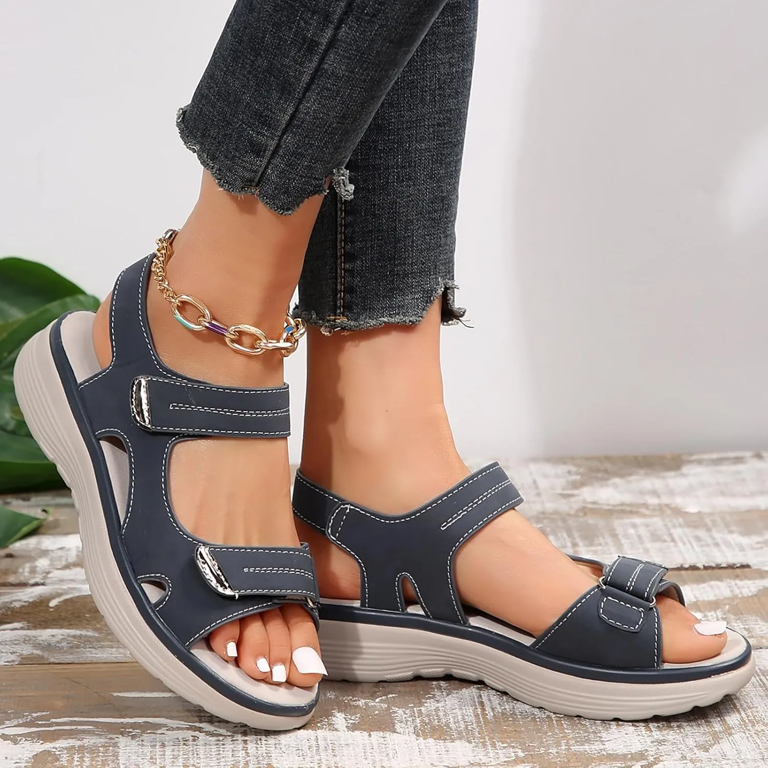 SuanlaTDS Orthopedic Sandals for Women Comfortable Low Heels Wedge Platform Open Toe Flat Walking Shoes Adjustable Hook Loop Wedges Casual Summer Beach Outdoor Hiking Sport Sandals