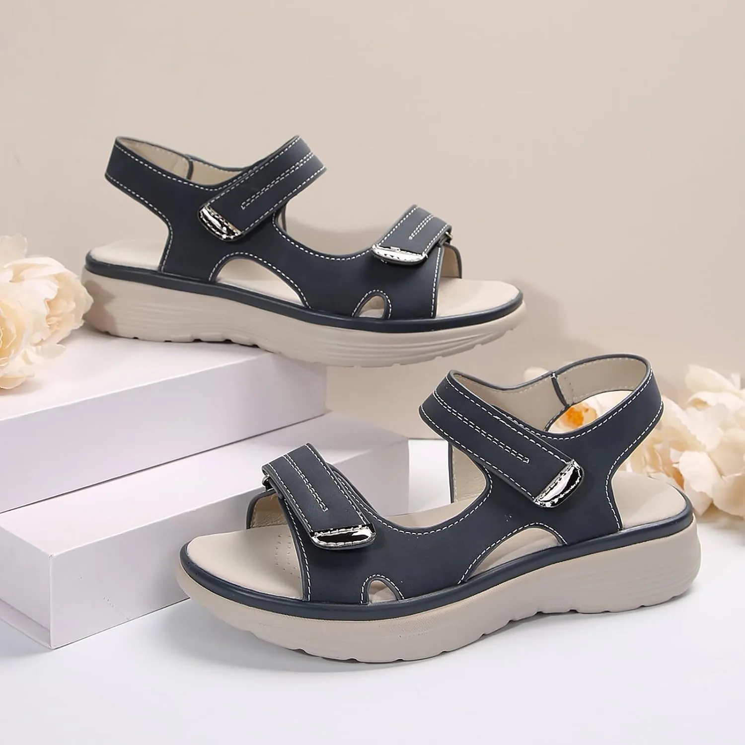SuanlaTDS Orthopedic Sandals for Women Comfortable Low Heels Wedge Platform Open Toe Flat Walking Shoes Adjustable Hook Loop Wedges Casual Summer Beach Outdoor Hiking Sport Sandals