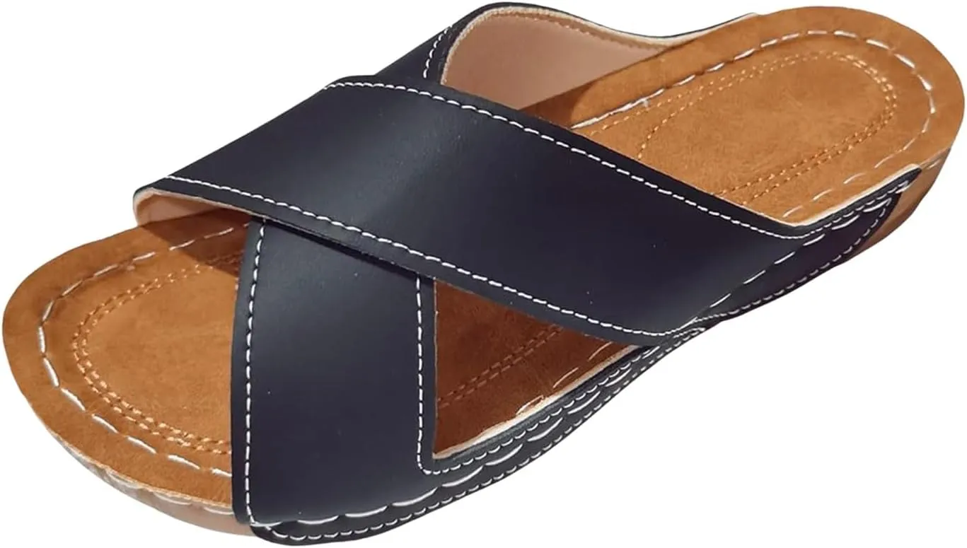 SuanlaTDS Orthopedic Sandals for Women Wedge Summer Comfortable Arch Support Platform Slip On Slides Dressy Crisscross Open Toe Flat Elegant Low Wedges Heels Slide Sandal Outdoor Party Shoes