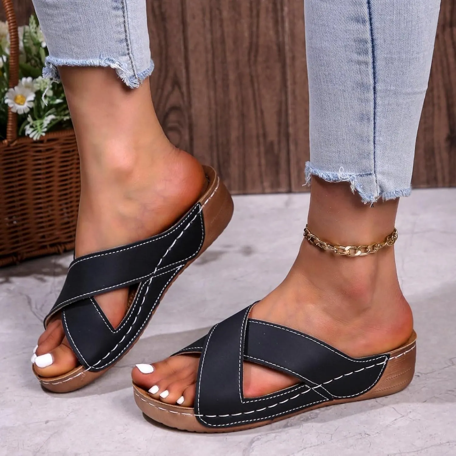SuanlaTDS Orthopedic Sandals for Women Wedge Summer Comfortable Arch Support Platform Slip On Slides Dressy Crisscross Open Toe Flat Elegant Low Wedges Heels Slide Sandal Outdoor Party Shoes