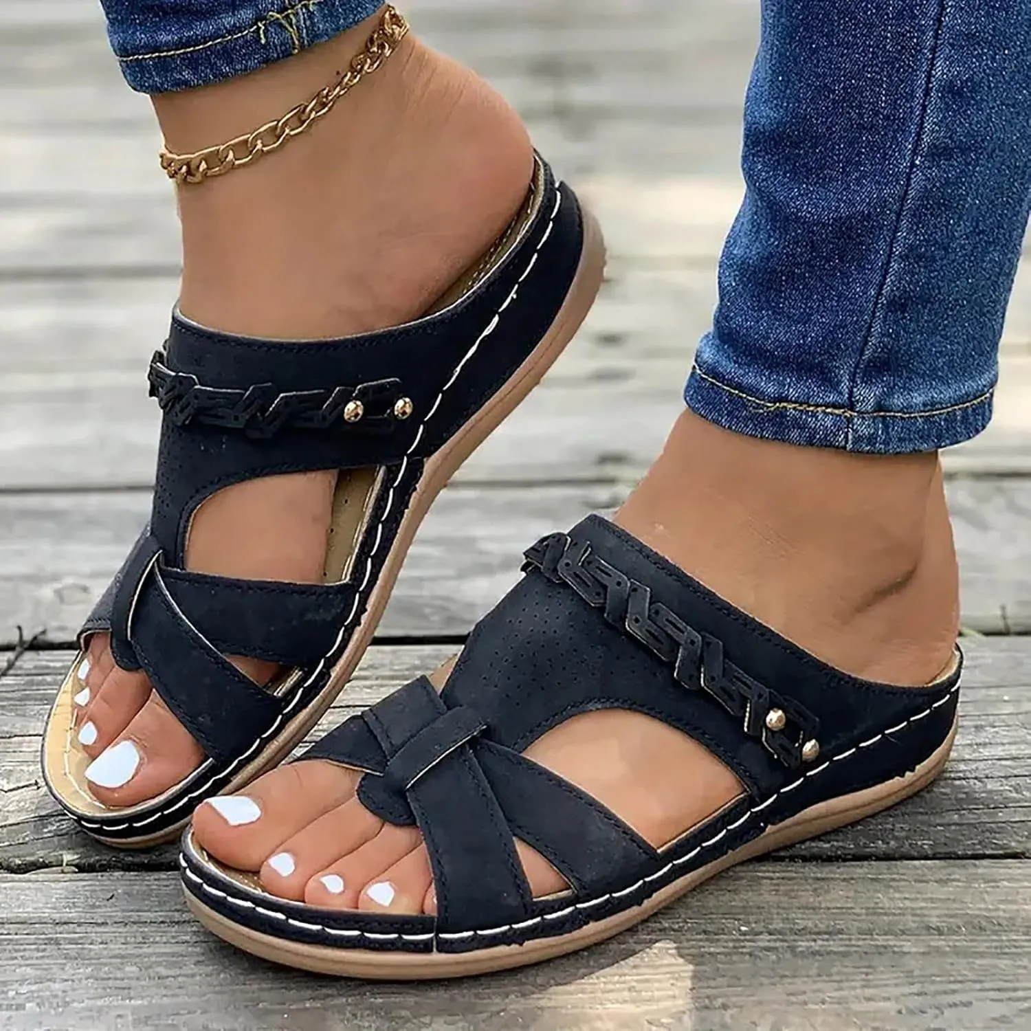 SuanlaTDS Orthopedic Sandals for Womens 2025 Summer Dressy Arch Support Flat Slip-on Casual Beach Wedge Platform Slides Comfortable Walking Shoes Low Heel Wedges Outdoor Sandal