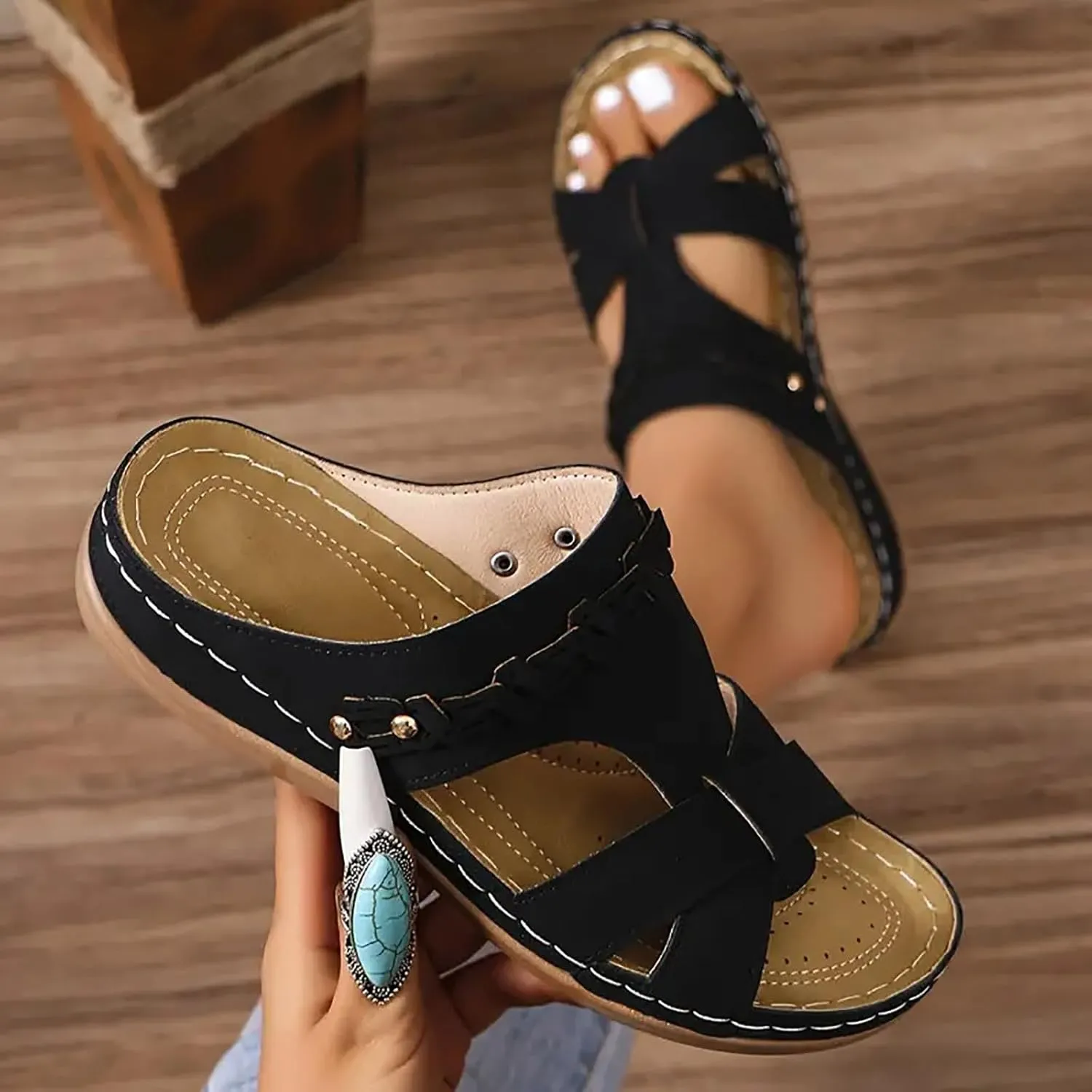 SuanlaTDS Orthopedic Sandals for Womens 2025 Summer Dressy Arch Support Flat Slip-on Casual Beach Wedge Platform Slides Comfortable Walking Shoes Low Heel Wedges Outdoor Sandal
