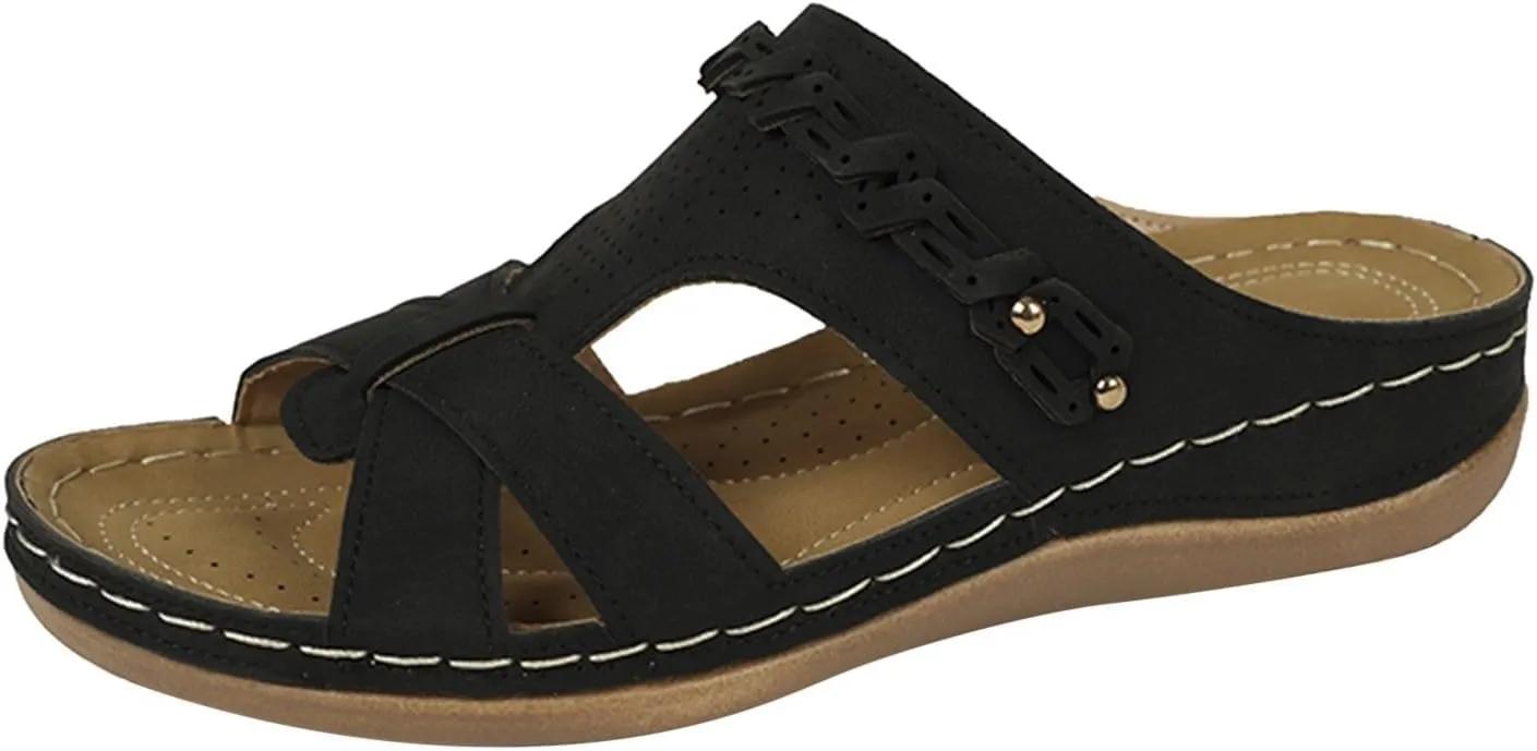 SuanlaTDS Orthopedic Sandals for Womens 2025 Summer Dressy Arch Support Flat Slip-on Casual Beach Wedge Platform Slides Comfortable Walking Shoes Low Heel Wedges Outdoor Sandal