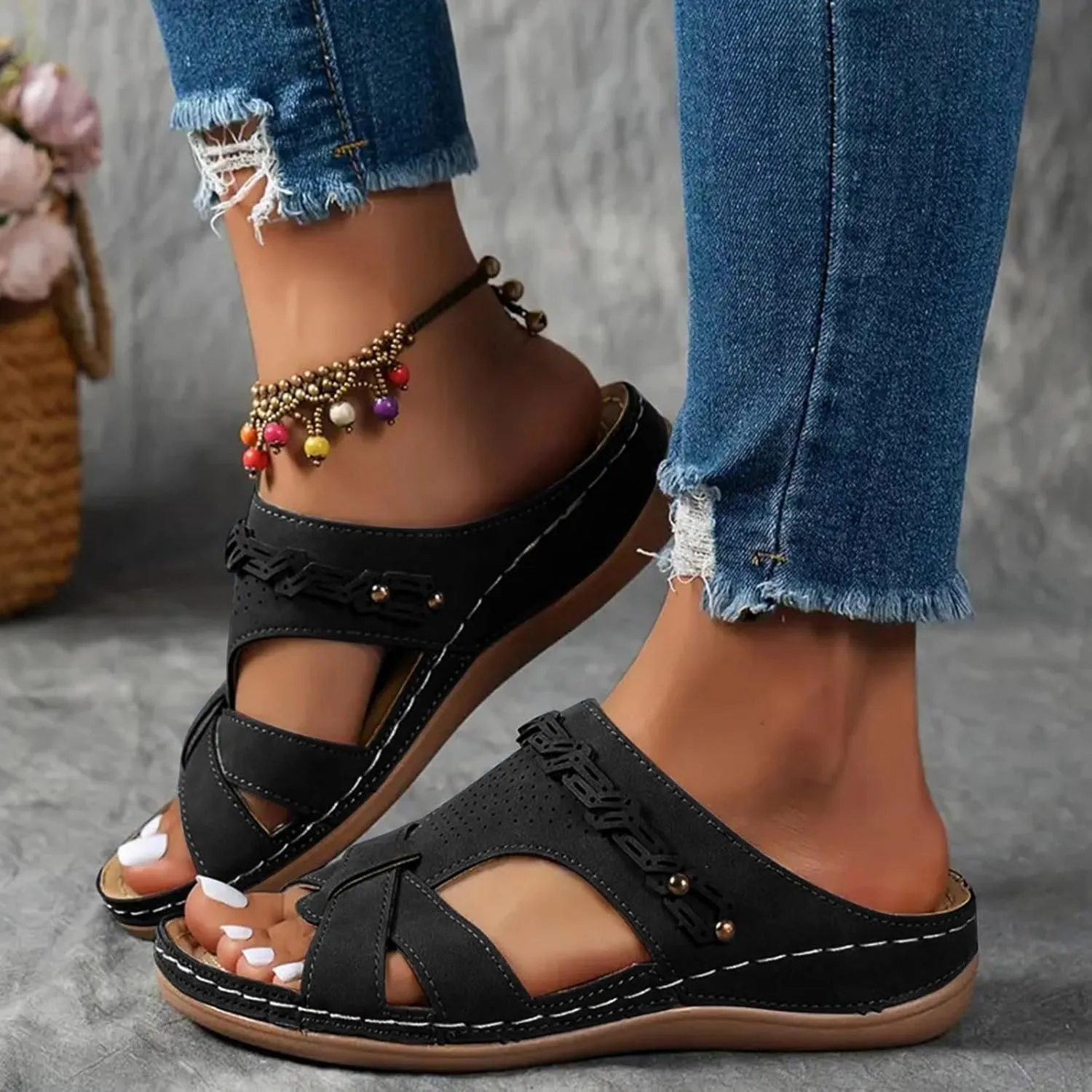 SuanlaTDS Orthopedic Sandals for Womens 2025 Summer Dressy Arch Support Flat Slip-on Casual Beach Wedge Platform Slides Comfortable Walking Shoes Low Heel Wedges Outdoor Sandal