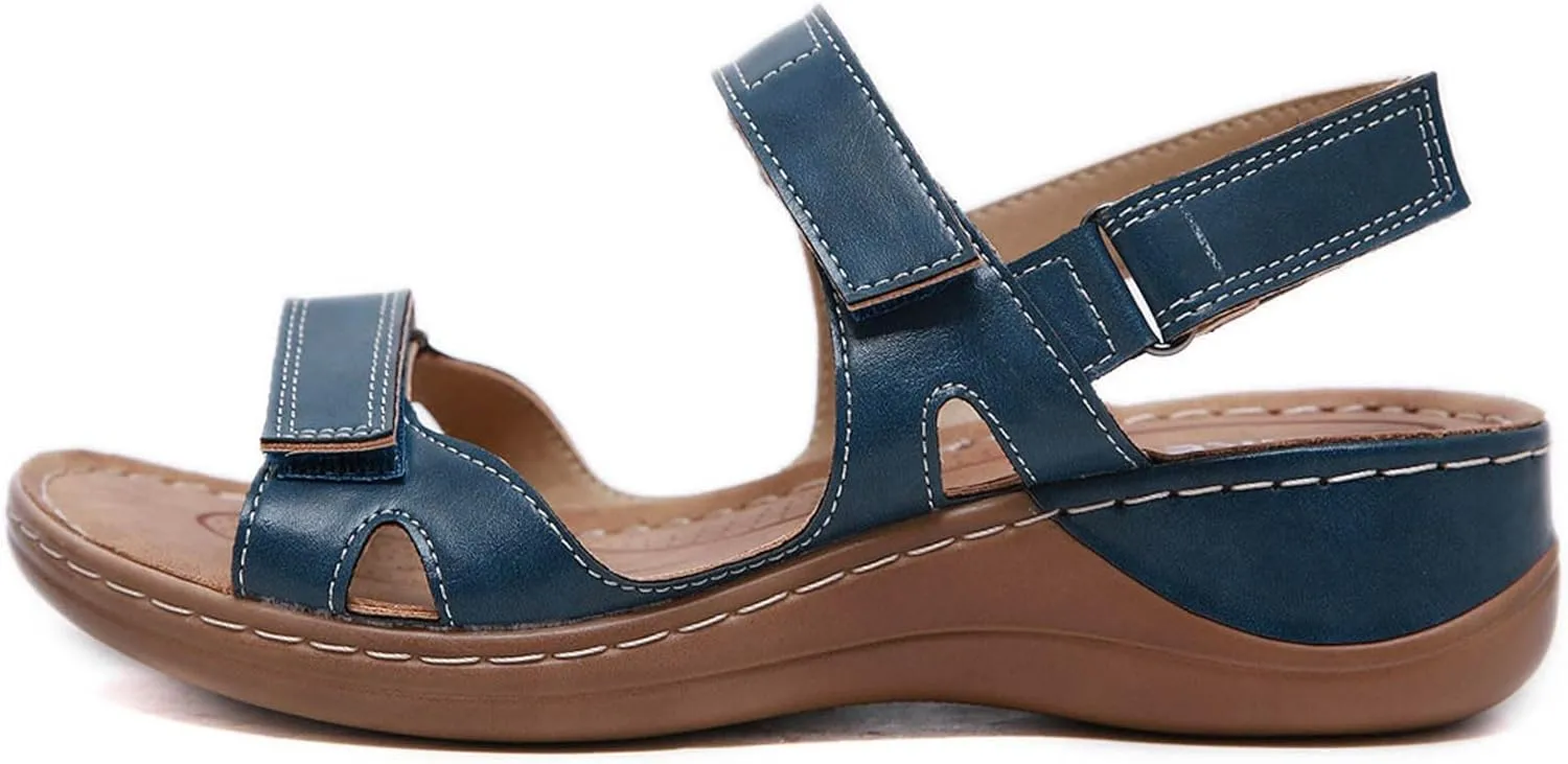 SuanlaTDS Orthopedic Wedge Sandals for Women Comfortable Dressy Summer Casual Platform Arch Support Hook Loop Ankle Strap Open Toe Plantar Fasciitis Low Heels Wedges Outdoor Walking Shoes