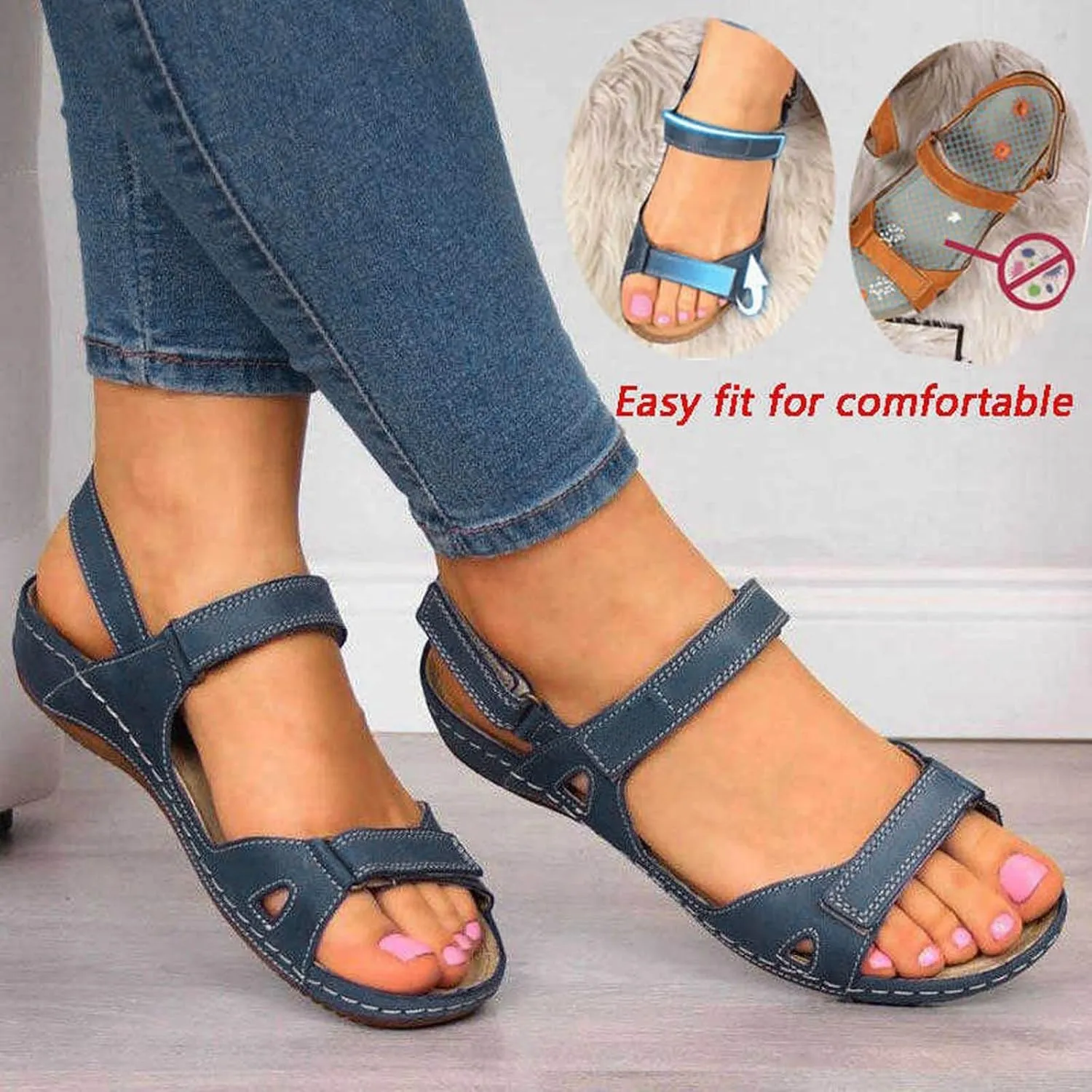 SuanlaTDS Orthopedic Wedge Sandals for Women Comfortable Dressy Summer Casual Platform Arch Support Hook Loop Ankle Strap Open Toe Plantar Fasciitis Low Heels Wedges Outdoor Walking Shoes