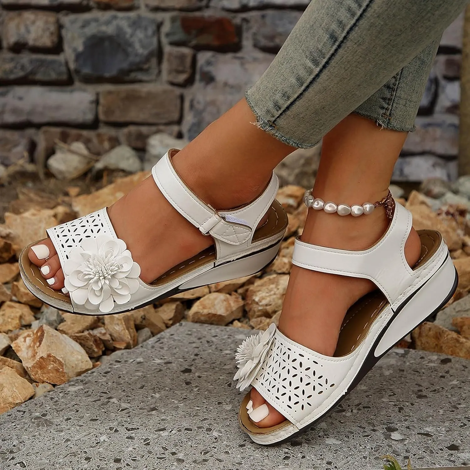 SuanlaTDS Orthopedic Wedge Sandals for Women Comfortable Flower Open Toe Hook Loop Ankle Strap Platform Casual Low Wedges Heels Arch Support Outdoor Walking Summer Beach Dress Shoes
