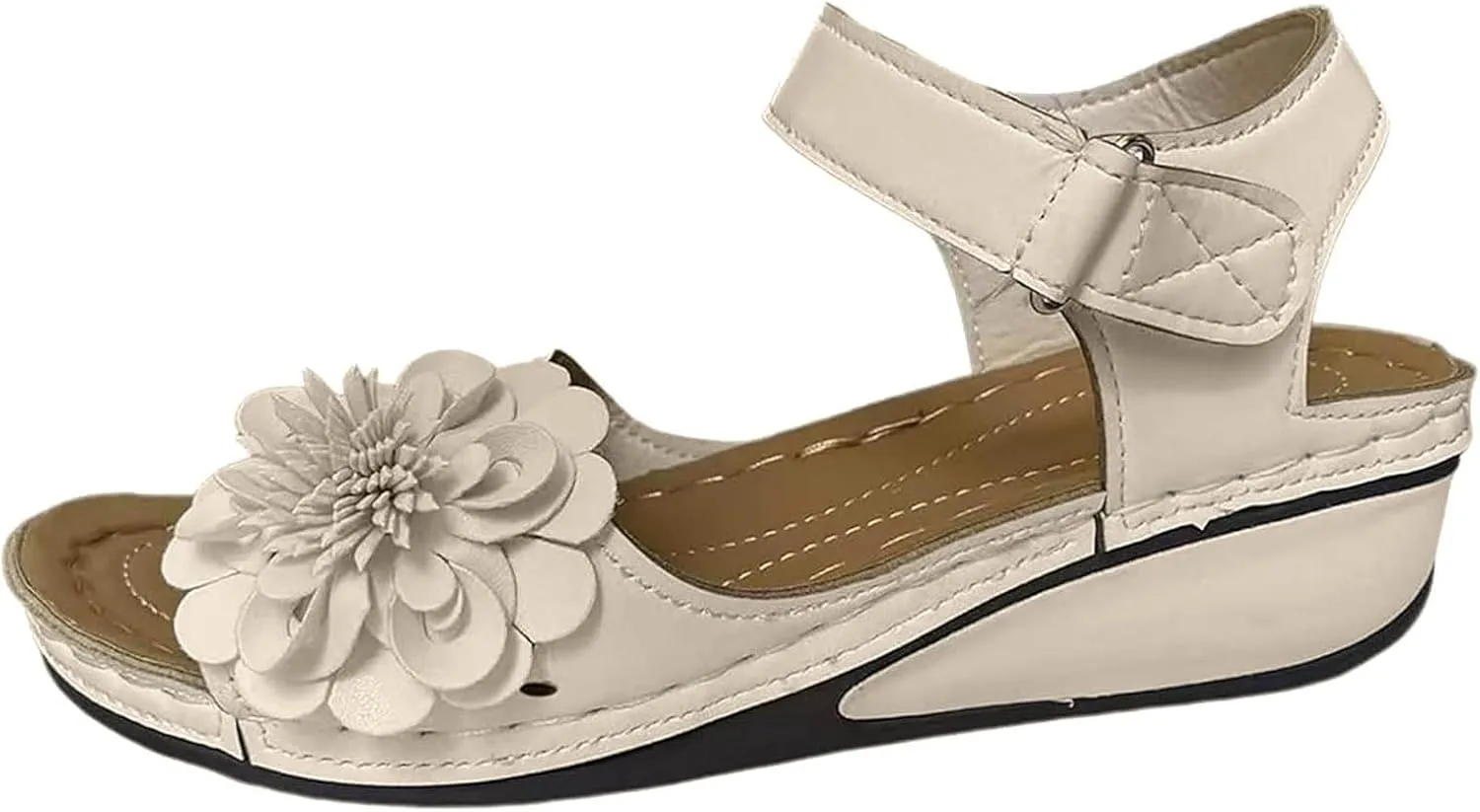 SuanlaTDS Orthopedic Wedge Sandals for Women Comfortable Flower Open Toe Hook Loop Ankle Strap Platform Casual Low Wedges Heels Arch Support Outdoor Walking Summer Beach Dress Shoes