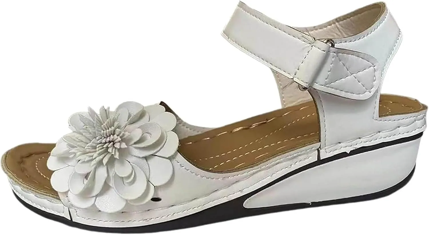 SuanlaTDS Orthopedic Wedge Sandals for Women Comfortable Flower Open Toe Hook Loop Ankle Strap Platform Casual Low Wedges Heels Arch Support Outdoor Walking Summer Beach Dress Shoes