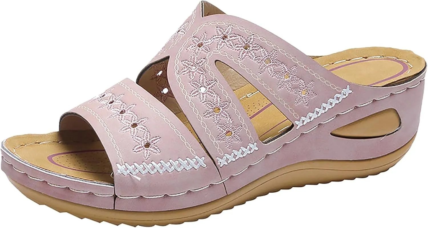 SuanlaTDS Orthopedic Wedge Sandals for Women Summer Dressy Comfortable Platform Open Toe Low Heels Wedges Slide Sandals with Arch Support Casual Bohemian Beach Outdoor Walking Shoes