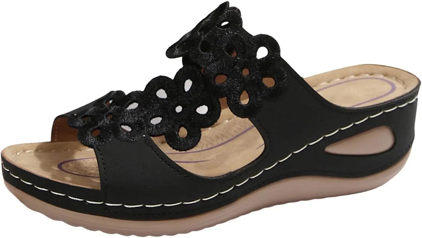 SuanlaTDS Orthopedic Wedge Sandals for Women with Arch Support Summer Dressy 2025 Flat Open Toe Casual Slip-on Beach Boho Platform Low Heel Wedges Comfortable Outdoor Walking Slide Shoes