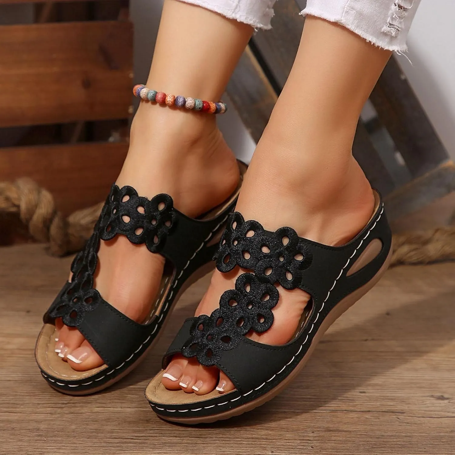 SuanlaTDS Orthopedic Wedge Sandals for Women with Arch Support Summer Dressy 2025 Flat Open Toe Casual Slip-on Beach Boho Platform Low Heel Wedges Comfortable Outdoor Walking Slide Shoes