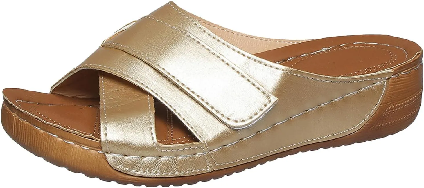 SuanlaTDS Platform Summer Sandals for Women Orthopedic Arch Support Wedge 2025 Comfortable Dressy Open Toe Slip On Beach Boho Outdoor Walking Shoes Wedges Low Heels Slide Sandal