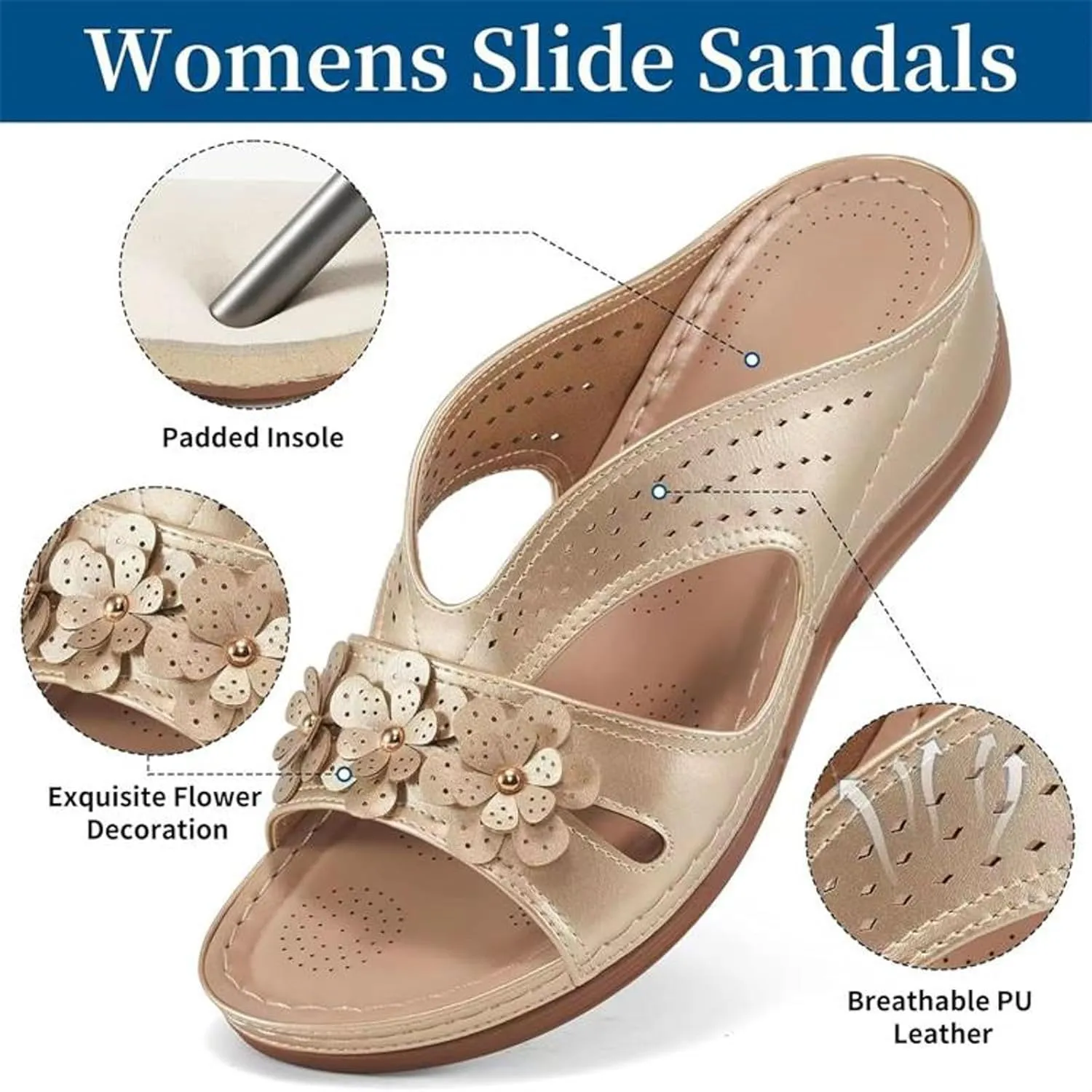 SuanlaTDS Sandals for Women Dressy Summer, Womens Platform Arch Support Wedge Slide Sandal Bohemian Comfortable Beach Travel Shoes Open Toe Hollow Out Low Heel Orthopedic Sandals