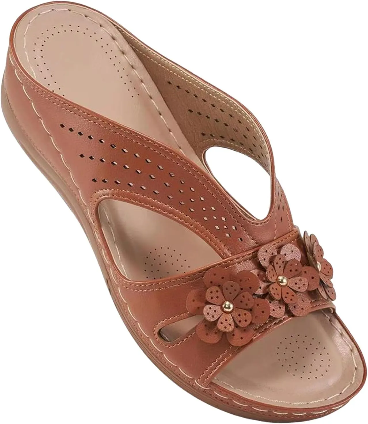 SuanlaTDS Sandals for Women Dressy Summer, Womens Platform Arch Support Wedge Slide Sandal Bohemian Comfortable Beach Travel Shoes Open Toe Hollow Out Low Heel Orthopedic Sandals