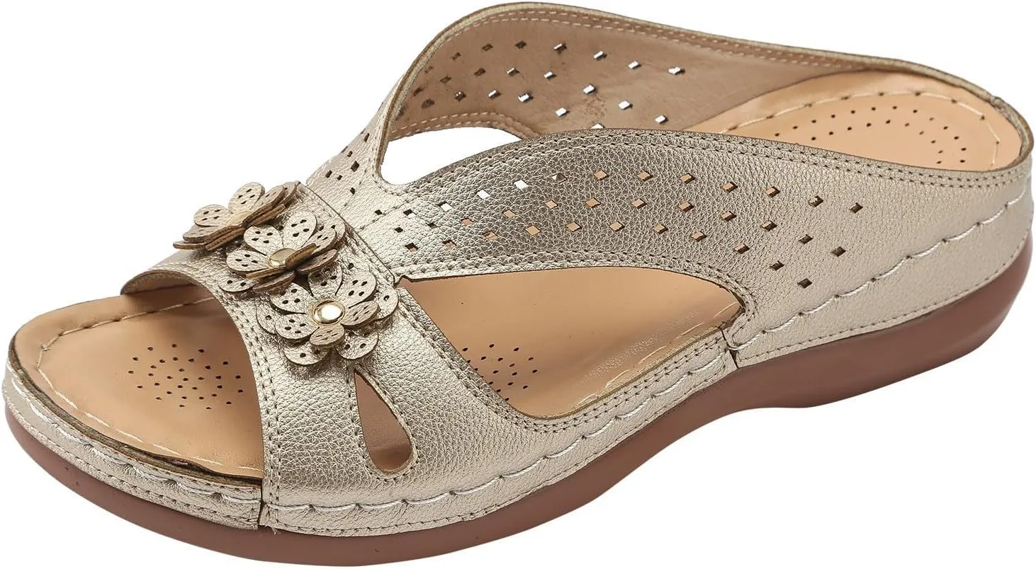 SuanlaTDS Sandals for Women Dressy Summer, Womens Platform Arch Support Wedge Slide Sandal Bohemian Comfortable Beach Travel Shoes Open Toe Hollow Out Low Heel Orthopedic Sandals