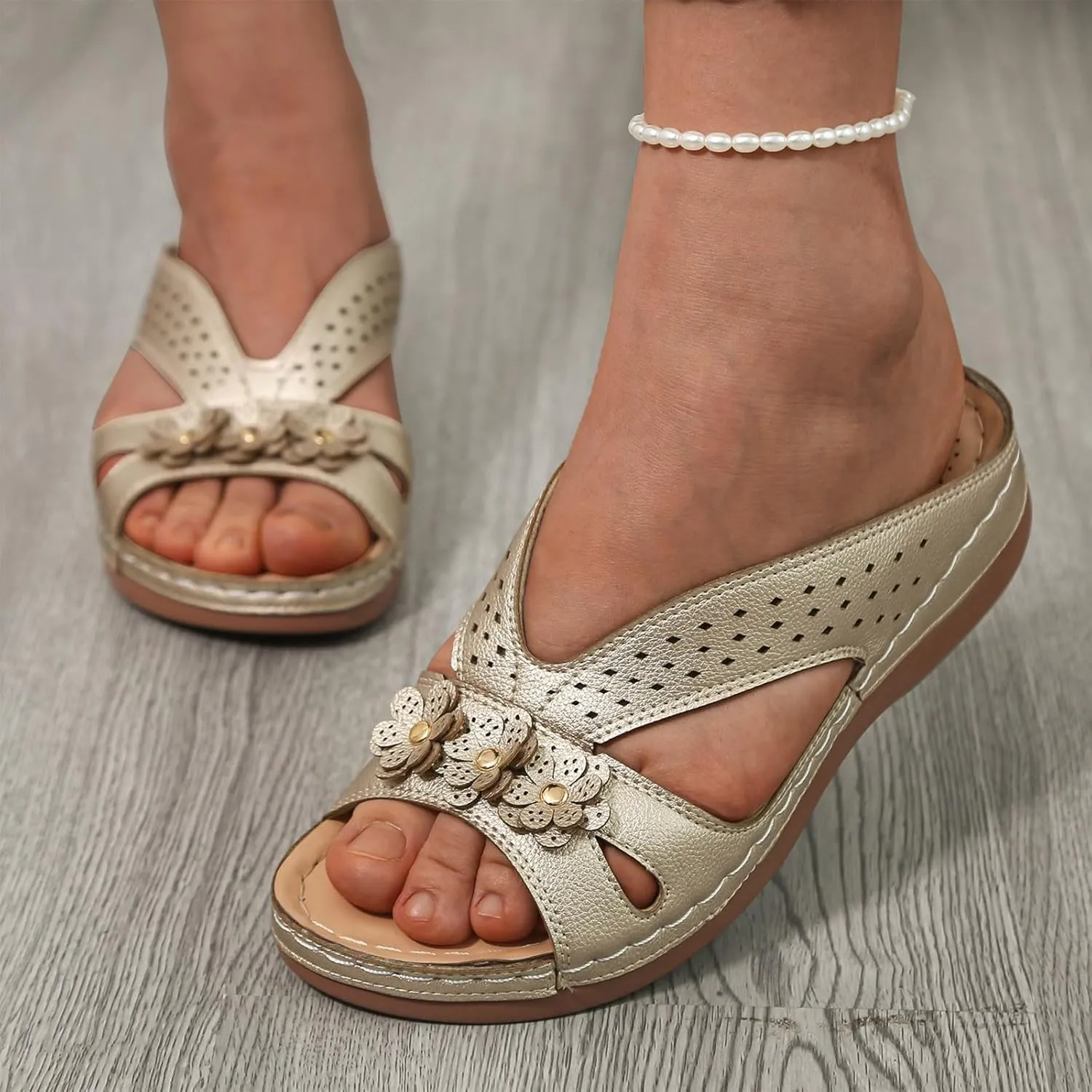 SuanlaTDS Sandals for Women Dressy Summer, Womens Platform Arch Support Wedge Slide Sandal Bohemian Comfortable Beach Travel Shoes Open Toe Hollow Out Low Heel Orthopedic Sandals