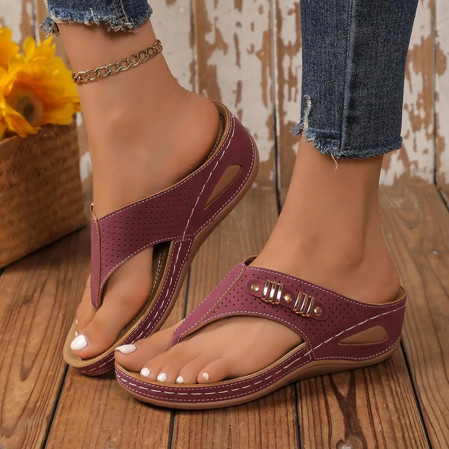 SuanlaTDS Summer Sandals for Women 2025 Orthopedic Flip Flops Wedge Dressy Platform Arch Support Comfortable Low Heels Bohemian Beach Shoes Elegant Outdoor Walking Slip On Slides Sandal