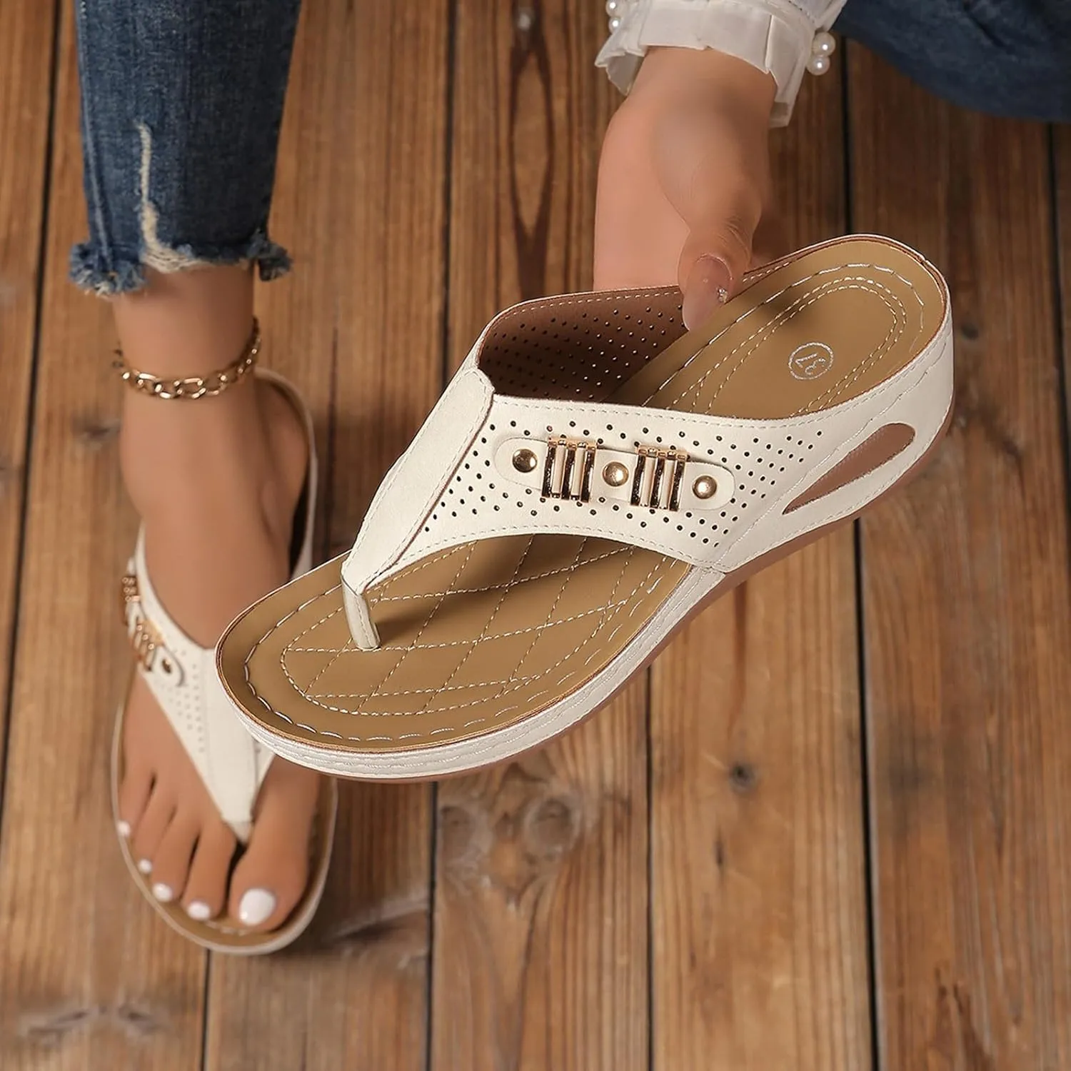SuanlaTDS Summer Sandals for Women 2025 Orthopedic Flip Flops Wedge Dressy Platform Arch Support Comfortable Low Heels Bohemian Beach Shoes Elegant Outdoor Walking Slip On Slides Sandal
