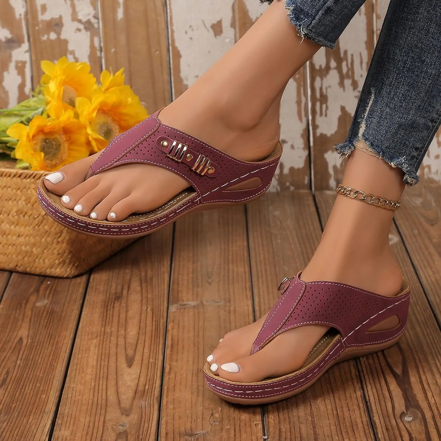 SuanlaTDS Summer Sandals for Women 2025 Orthopedic Flip Flops Wedge Dressy Platform Arch Support Comfortable Low Heels Bohemian Beach Shoes Elegant Outdoor Walking Slip On Slides Sandal