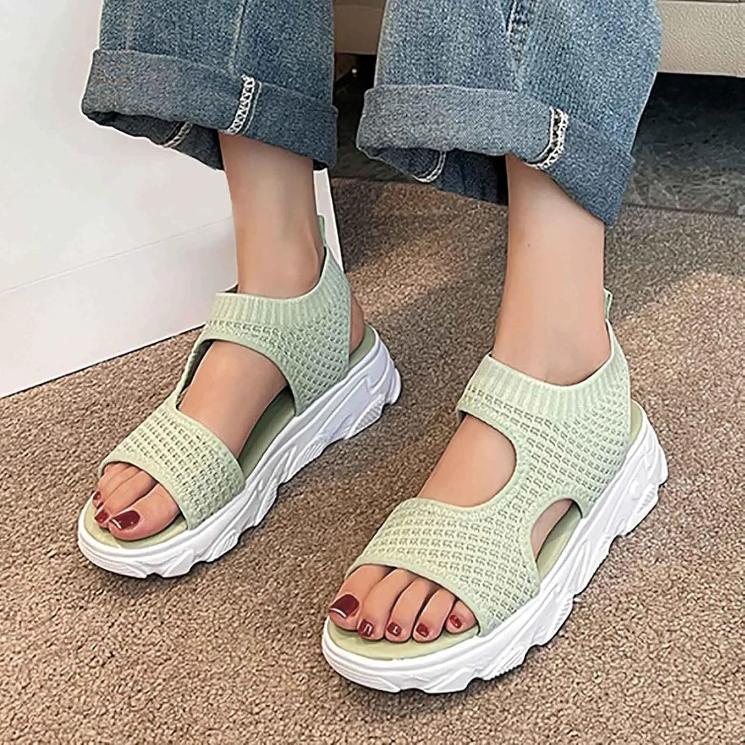 SuanlaTDS Summer Sandals for Women Orthopedic Comfortable Thick Sole Mesh Breathable Dressy Platform Wedge Open Toe Cutout Slingback Slip On Walking Shoes Low Heels Wedges Beach Sandal