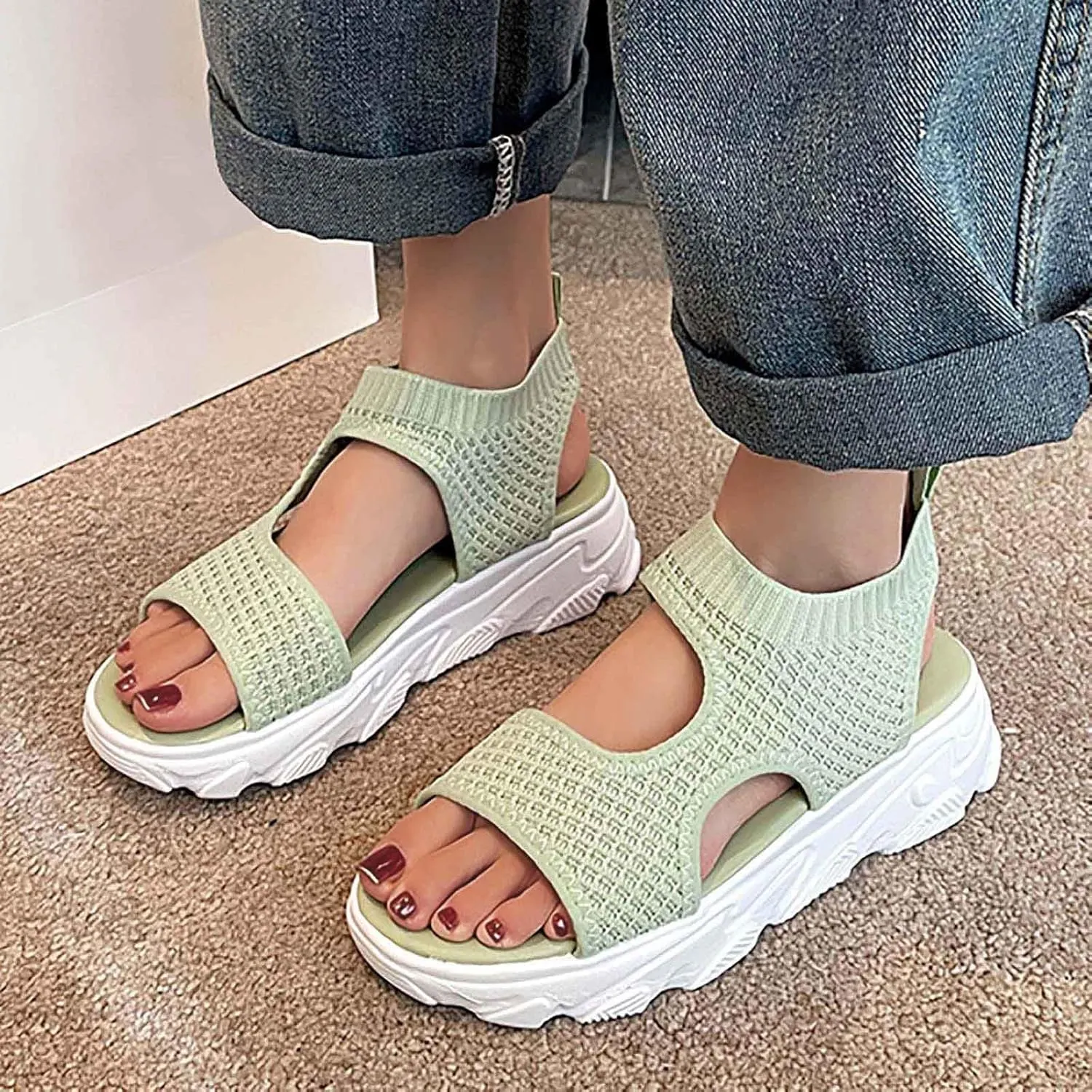 SuanlaTDS Summer Sandals for Women Orthopedic Comfortable Thick Sole Mesh Breathable Dressy Platform Wedge Open Toe Cutout Slingback Slip On Walking Shoes Low Heels Wedges Beach Sandal