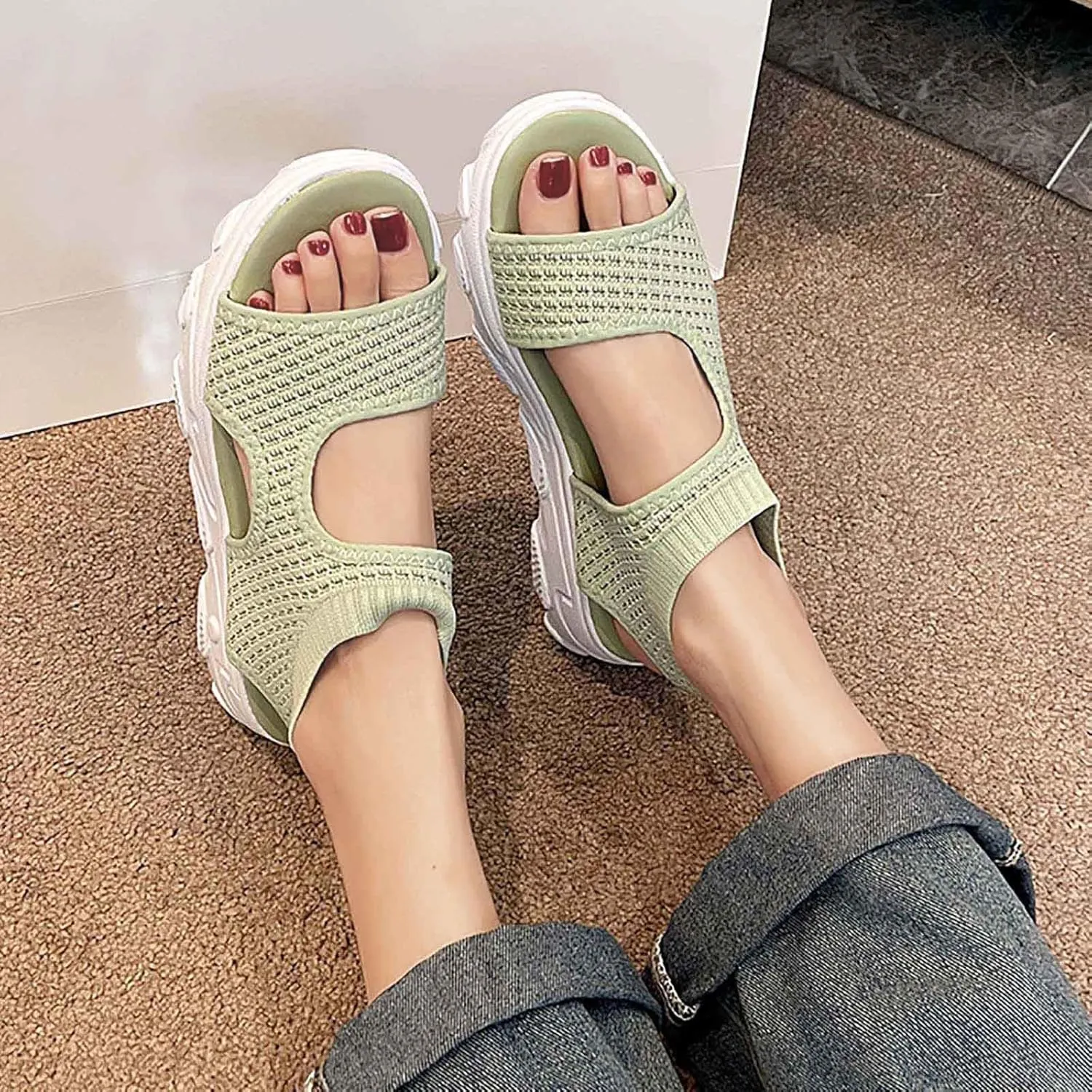 SuanlaTDS Summer Sandals for Women Orthopedic Comfortable Thick Sole Mesh Breathable Dressy Platform Wedge Open Toe Cutout Slingback Slip On Walking Shoes Low Heels Wedges Beach Sandal