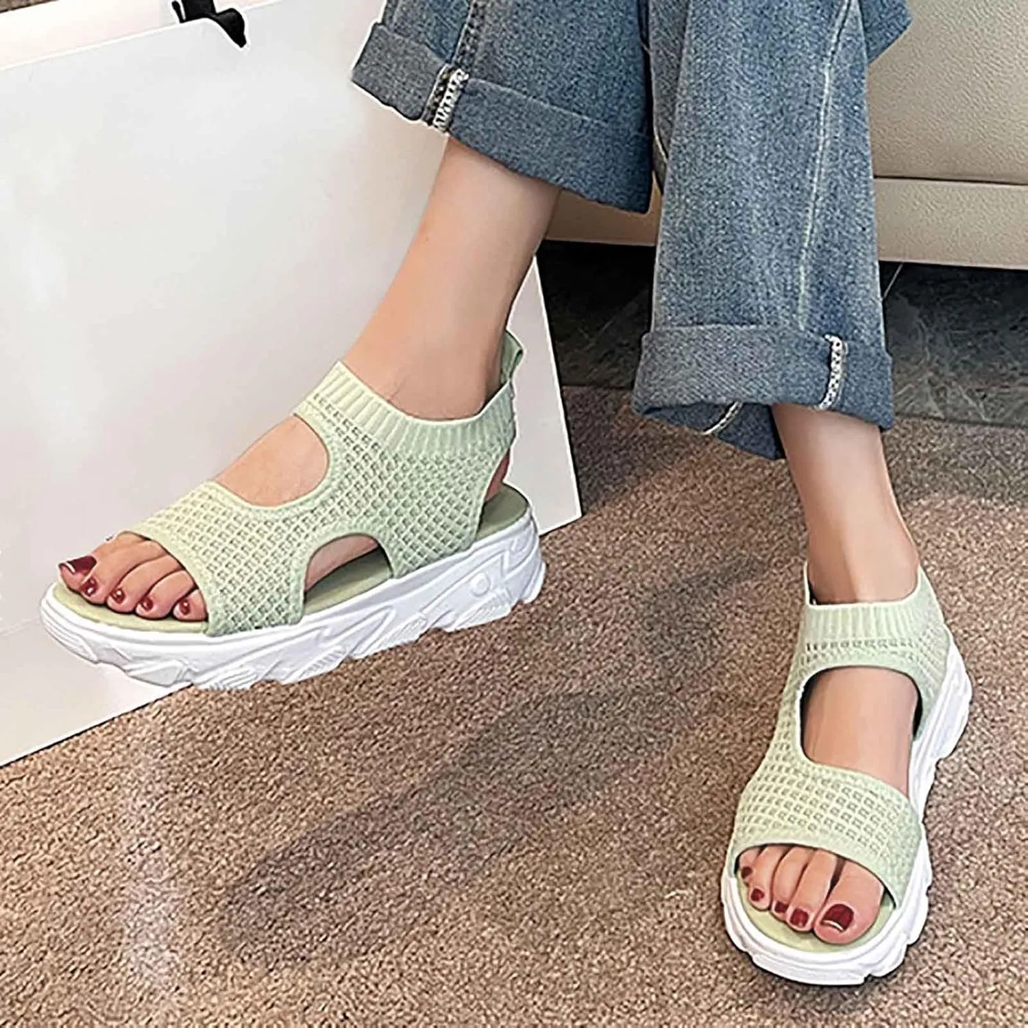 SuanlaTDS Summer Sandals for Women Orthopedic Comfortable Thick Sole Mesh Breathable Dressy Platform Wedge Open Toe Cutout Slingback Slip On Walking Shoes Low Heels Wedges Beach Sandal