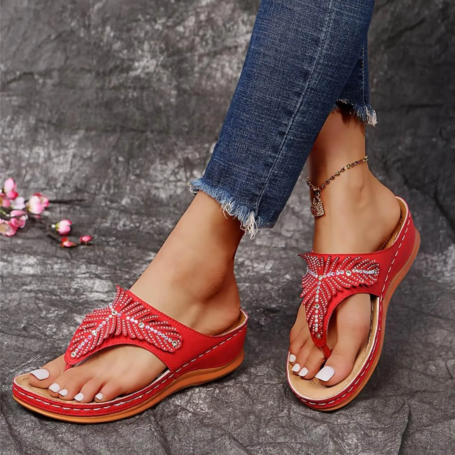 SuanlaTDS Wedge Flip Flops Orthopedic Sandals for Women 2025 Comfortable Arch Support Open Toe Platform Slip On Slides Summer Beach Dress Shoes Low Heels Outdoor Walking Slippers