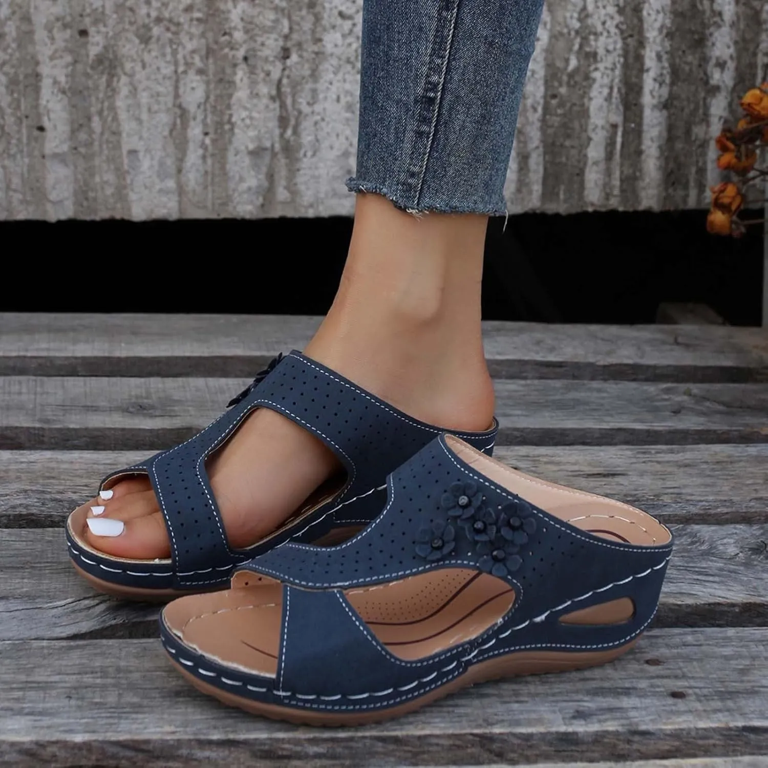 SuanlaTDS Wedge Sandals for Women Dressy Comfortable Summer Platform Slip On Slides Orthopedic Sandals with Arch Support Casual Beach Walking Shoes Open Toe Mid Heels Wedges Sandals