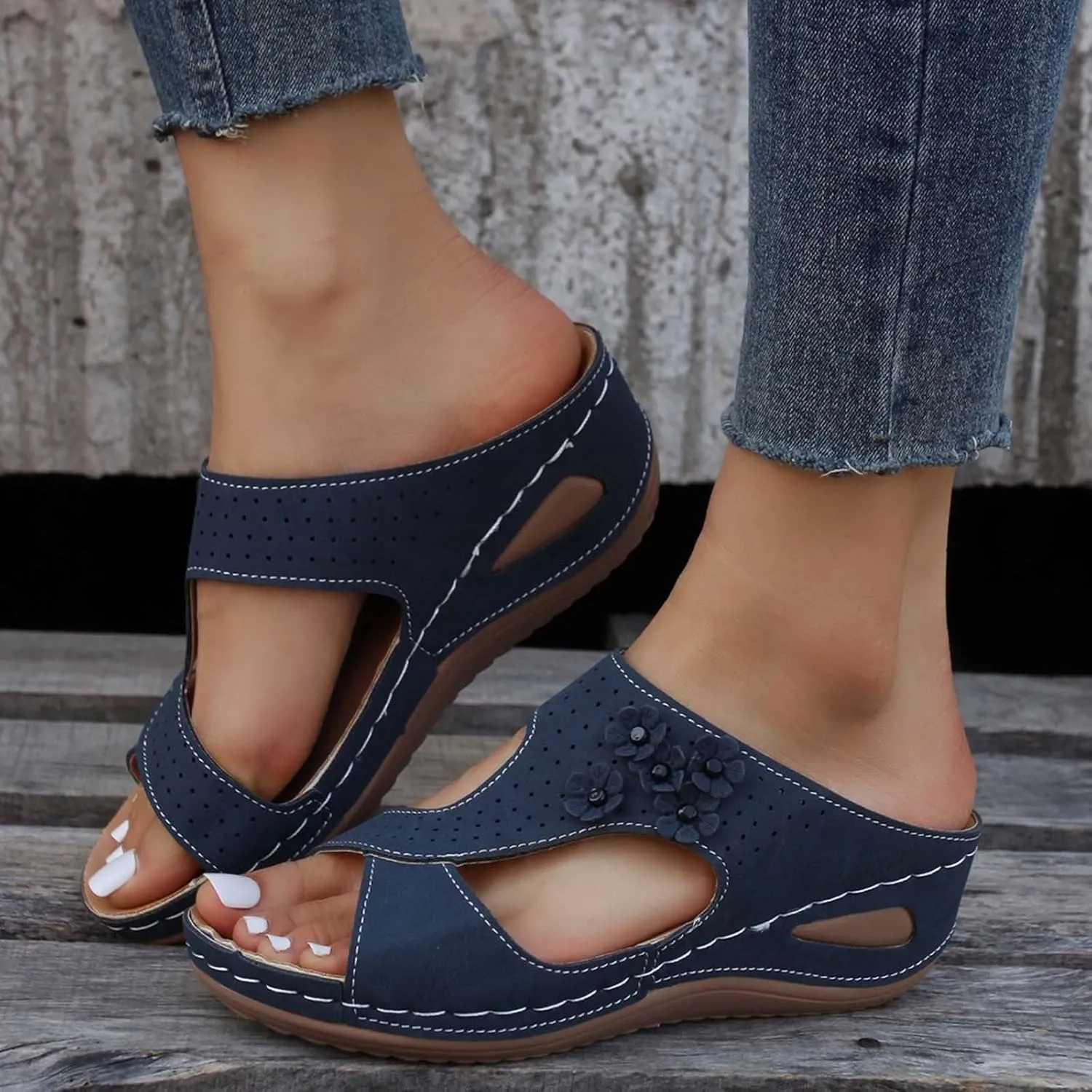 SuanlaTDS Wedge Sandals for Women Dressy Comfortable Summer Platform Slip On Slides Orthopedic Sandals with Arch Support Casual Beach Walking Shoes Open Toe Mid Heels Wedges Sandals