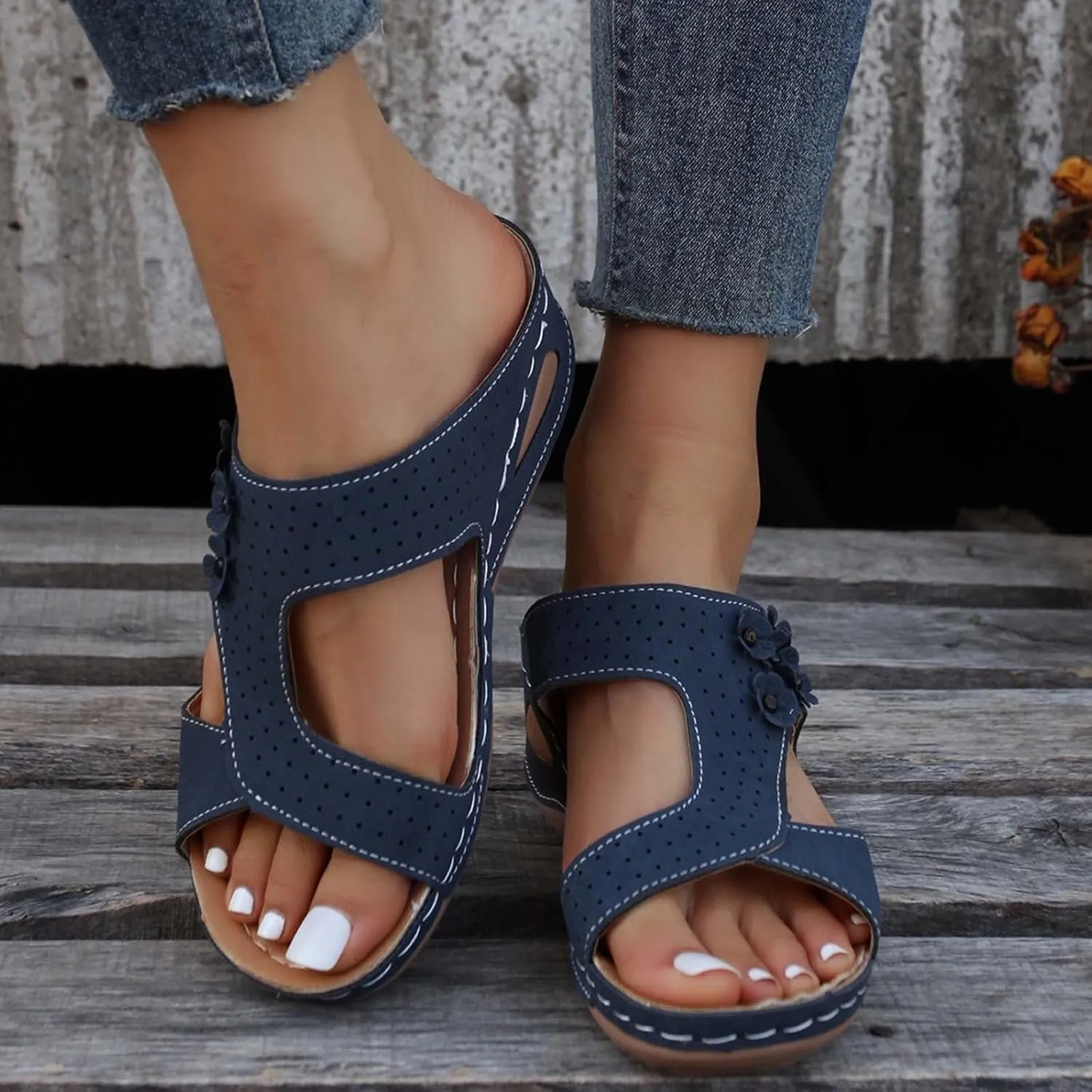 SuanlaTDS Wedge Sandals for Women Dressy Comfortable Summer Platform Slip On Slides Orthopedic Sandals with Arch Support Casual Beach Walking Shoes Open Toe Mid Heels Wedges Sandals