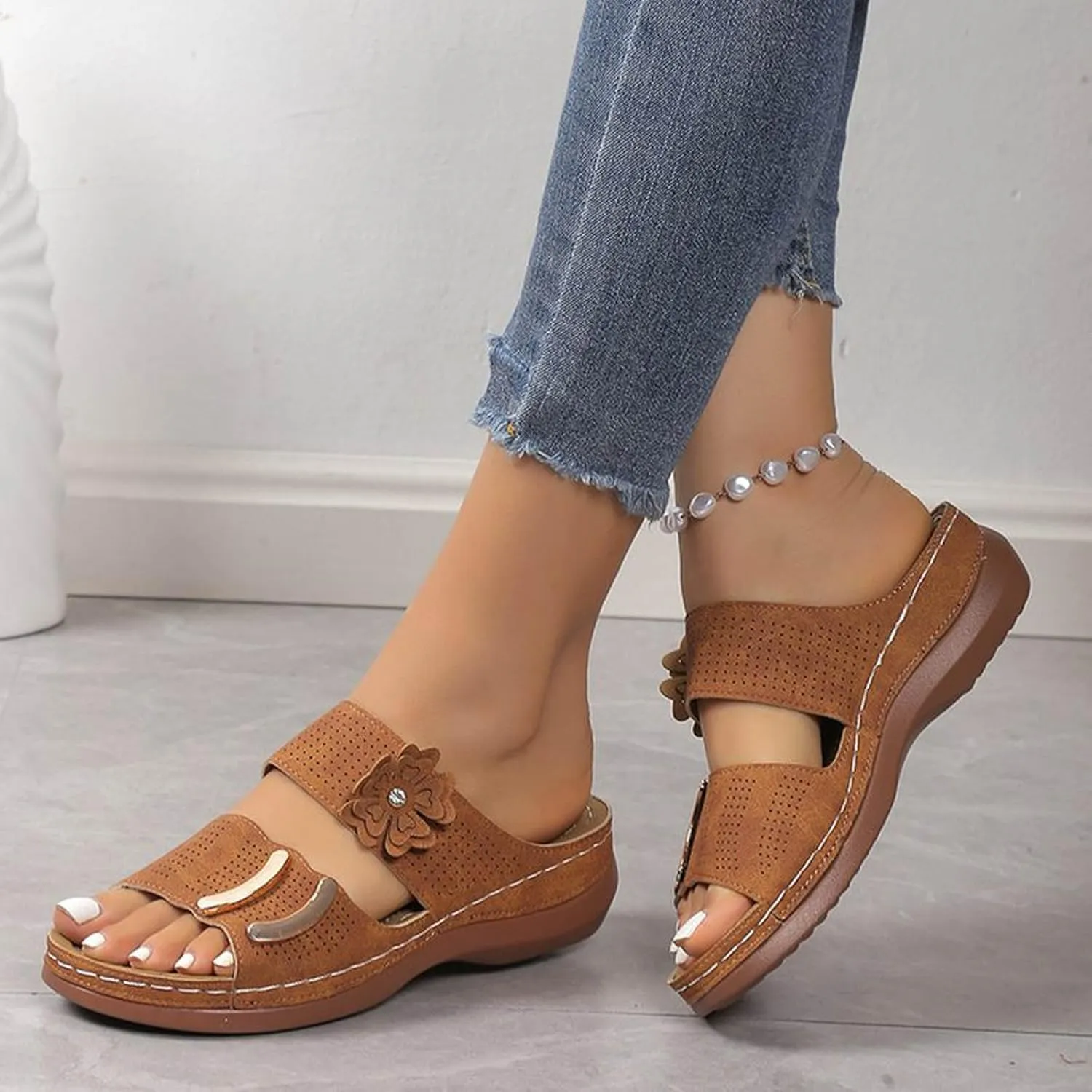 SuanlaTDS Wedge Sandals for Women Orthopedic Summer Dressy 2025 Comfortable Low Heels Arch Support Open Toe Slip On Walking Shoes Casual Outdoor Beach Platform Wedges Slide Sandal
