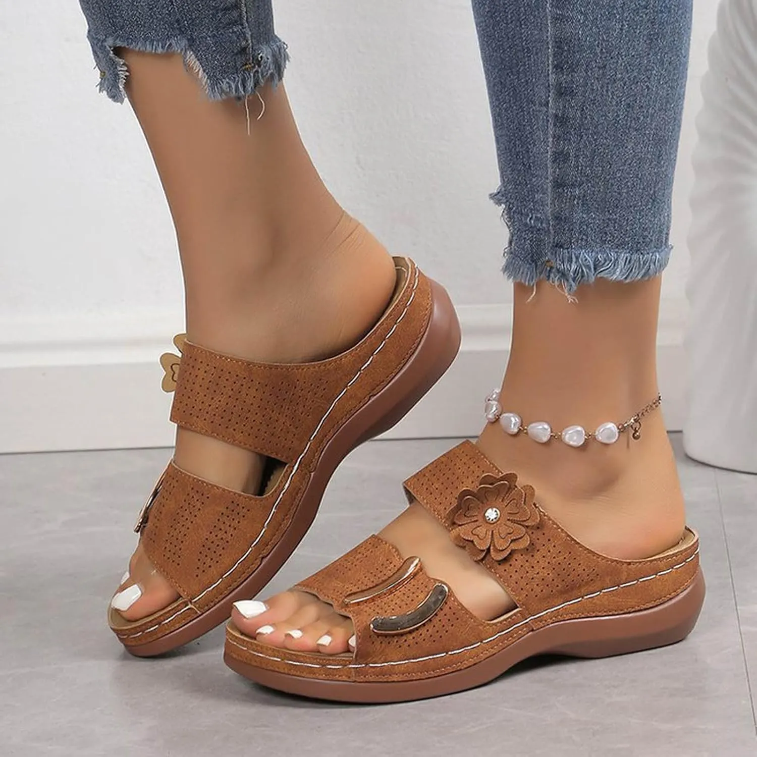 SuanlaTDS Wedge Sandals for Women Orthopedic Summer Dressy 2025 Comfortable Low Heels Arch Support Open Toe Slip On Walking Shoes Casual Outdoor Beach Platform Wedges Slide Sandal