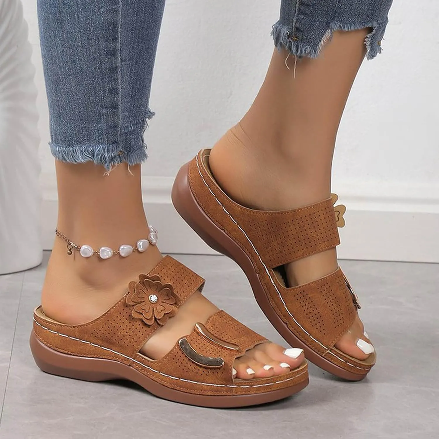 SuanlaTDS Wedge Sandals for Women Orthopedic Summer Dressy 2025 Comfortable Low Heels Arch Support Open Toe Slip On Walking Shoes Casual Outdoor Beach Platform Wedges Slide Sandal