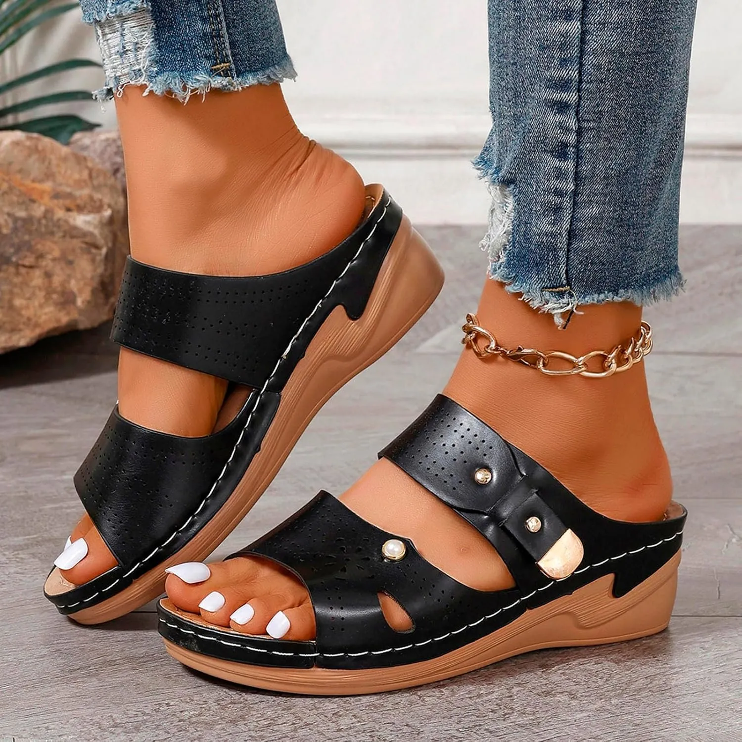 SuanlaTDS Women's Orthopedic Sandals Wedge Dressy Summer Open Toe Platform Slides Casual Slip On Beach Slippers Arch Support Comfortable Outdoor Walking Plantar Fasciitis Shoes