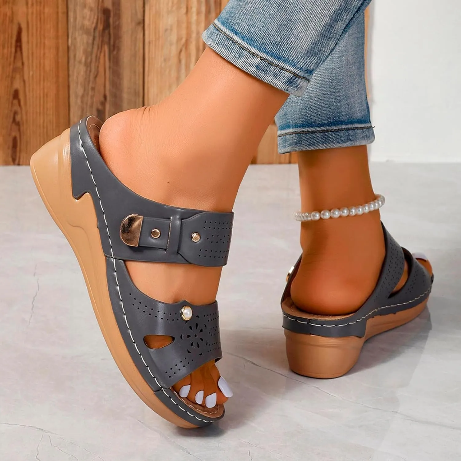 SuanlaTDS Women's Orthopedic Sandals Wedge Dressy Summer Open Toe Platform Slides Casual Slip On Beach Slippers Arch Support Comfortable Outdoor Walking Plantar Fasciitis Shoes