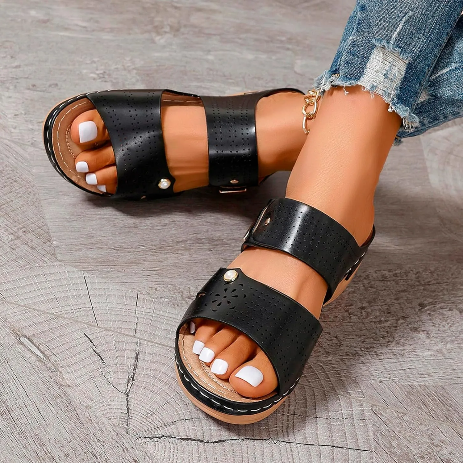 SuanlaTDS Women's Orthopedic Sandals Wedge Dressy Summer Open Toe Platform Slides Casual Slip On Beach Slippers Arch Support Comfortable Outdoor Walking Plantar Fasciitis Shoes
