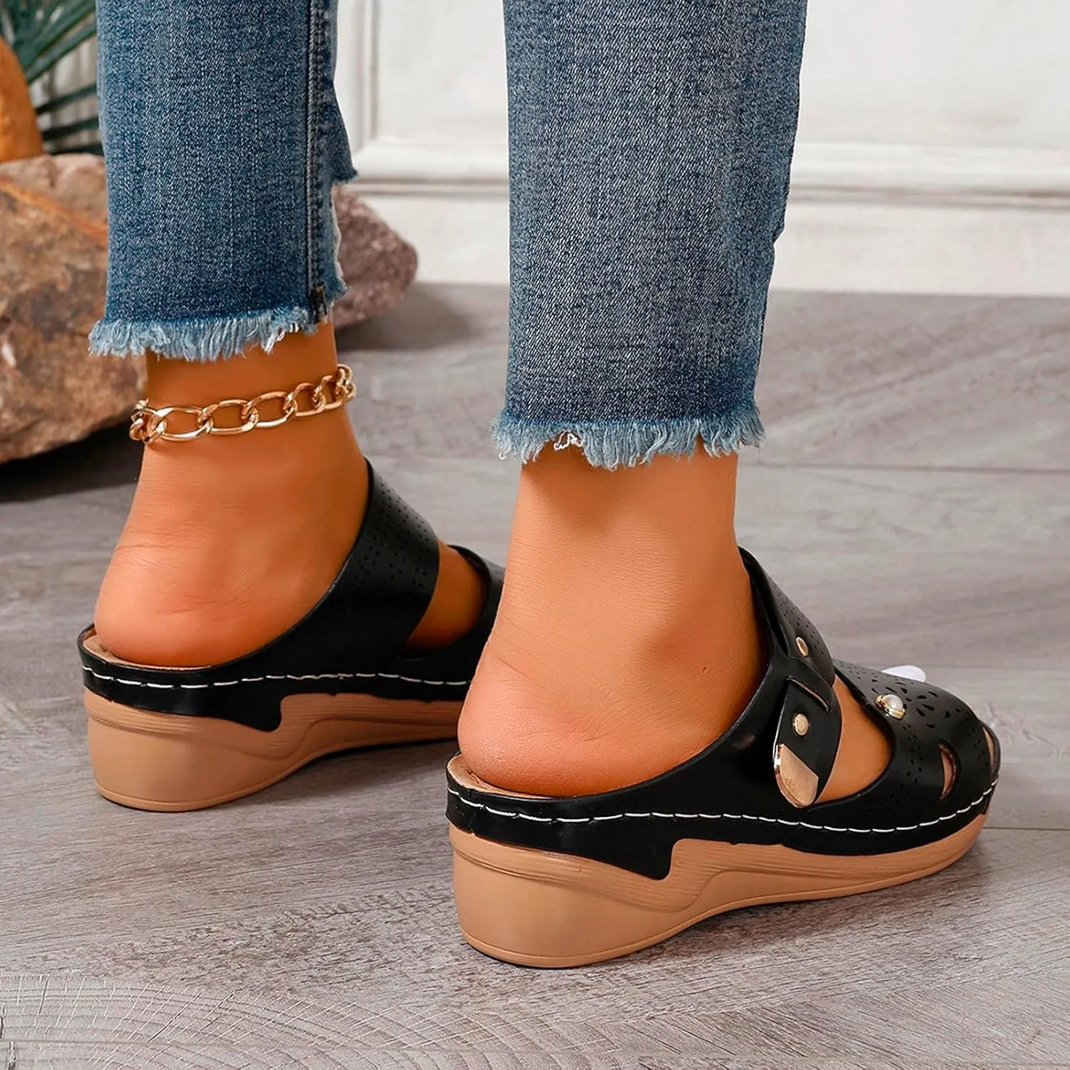 SuanlaTDS Women's Orthopedic Sandals Wedge Dressy Summer Open Toe Platform Slides Casual Slip On Beach Slippers Arch Support Comfortable Outdoor Walking Plantar Fasciitis Shoes