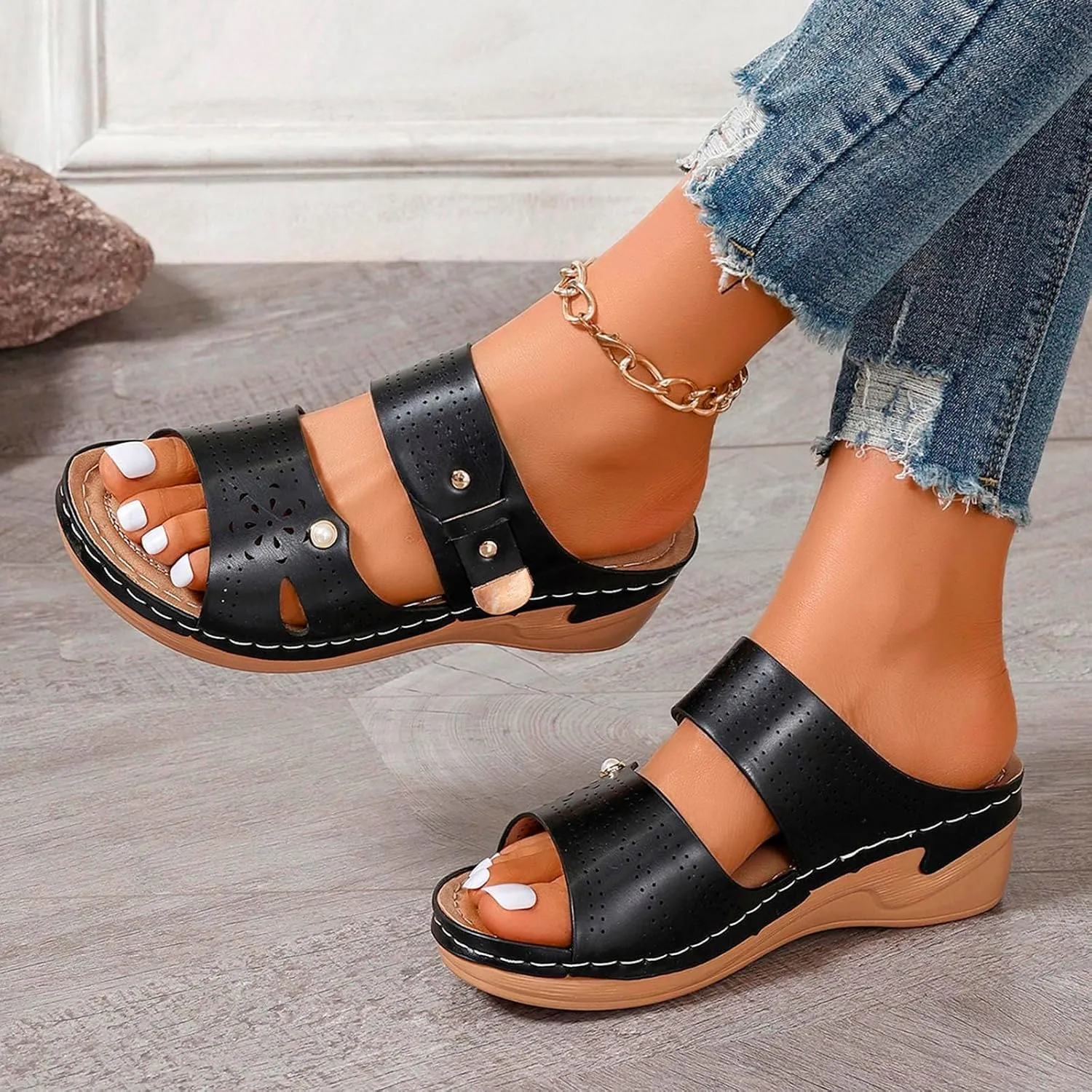 SuanlaTDS Women's Orthopedic Sandals Wedge Dressy Summer Open Toe Platform Slides Casual Slip On Beach Slippers Arch Support Comfortable Outdoor Walking Plantar Fasciitis Shoes