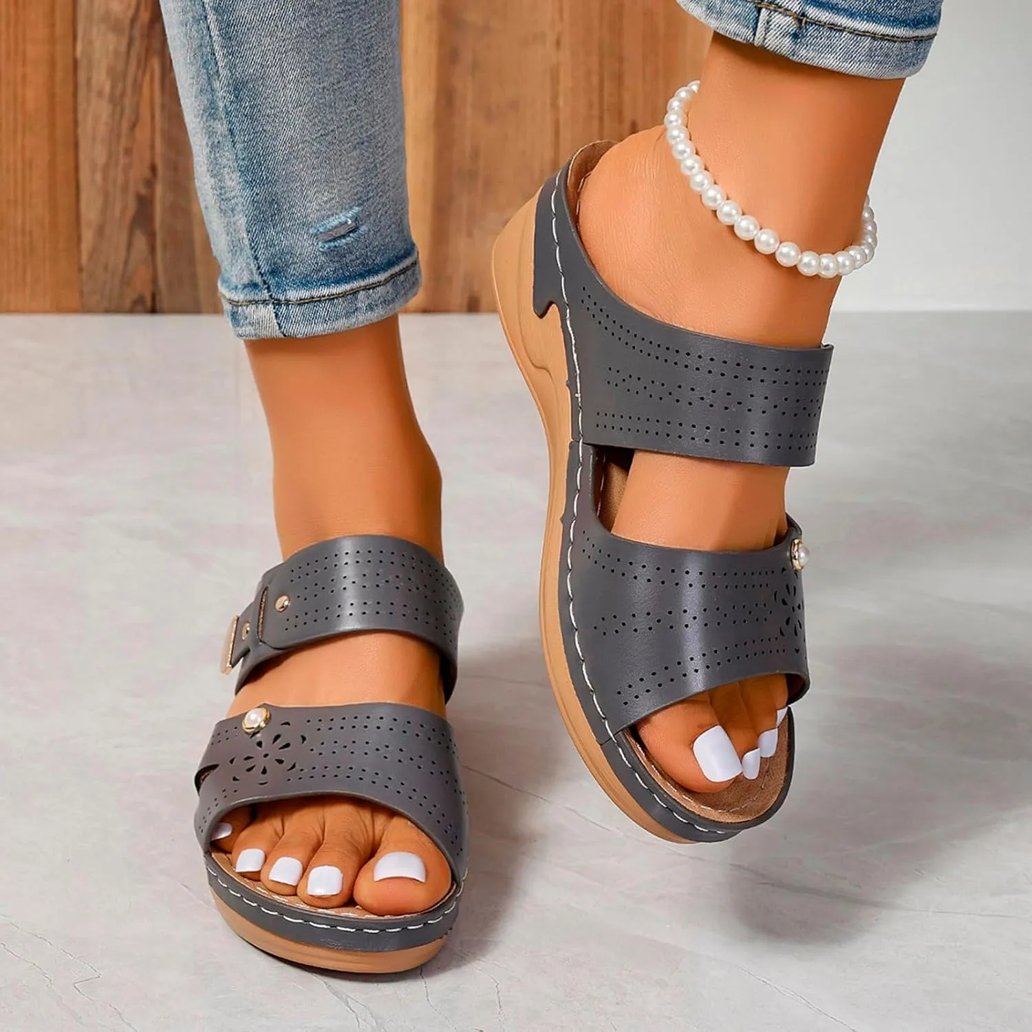 SuanlaTDS Women's Orthopedic Sandals Wedge Dressy Summer Open Toe Platform Slides Casual Slip On Beach Slippers Arch Support Comfortable Outdoor Walking Plantar Fasciitis Shoes