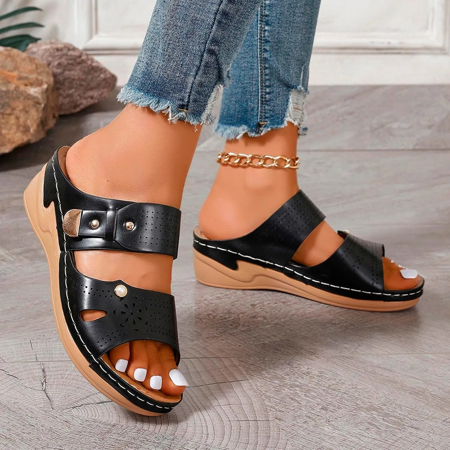 SuanlaTDS Women's Orthopedic Sandals Wedge Dressy Summer Open Toe Platform Slides Casual Slip On Beach Slippers Arch Support Comfortable Outdoor Walking Plantar Fasciitis Shoes