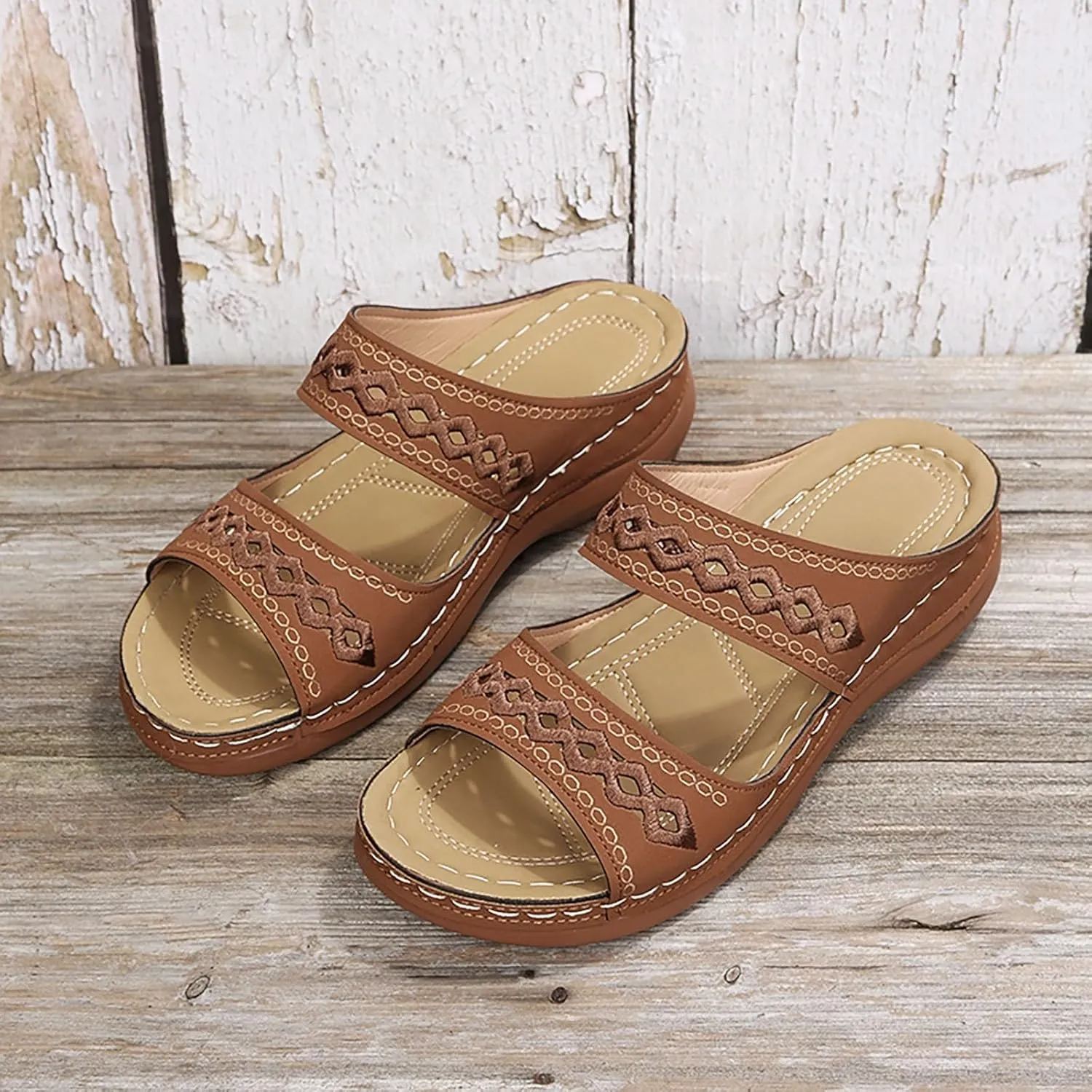SuanlaTDS Womens Platform Sandals Comfortable Open Toe Slip on Wedges Slides Orthopedic Sandals with Arch Support Soft Sole Casual Summer Beach Low Heels Wedge Walking Sandals