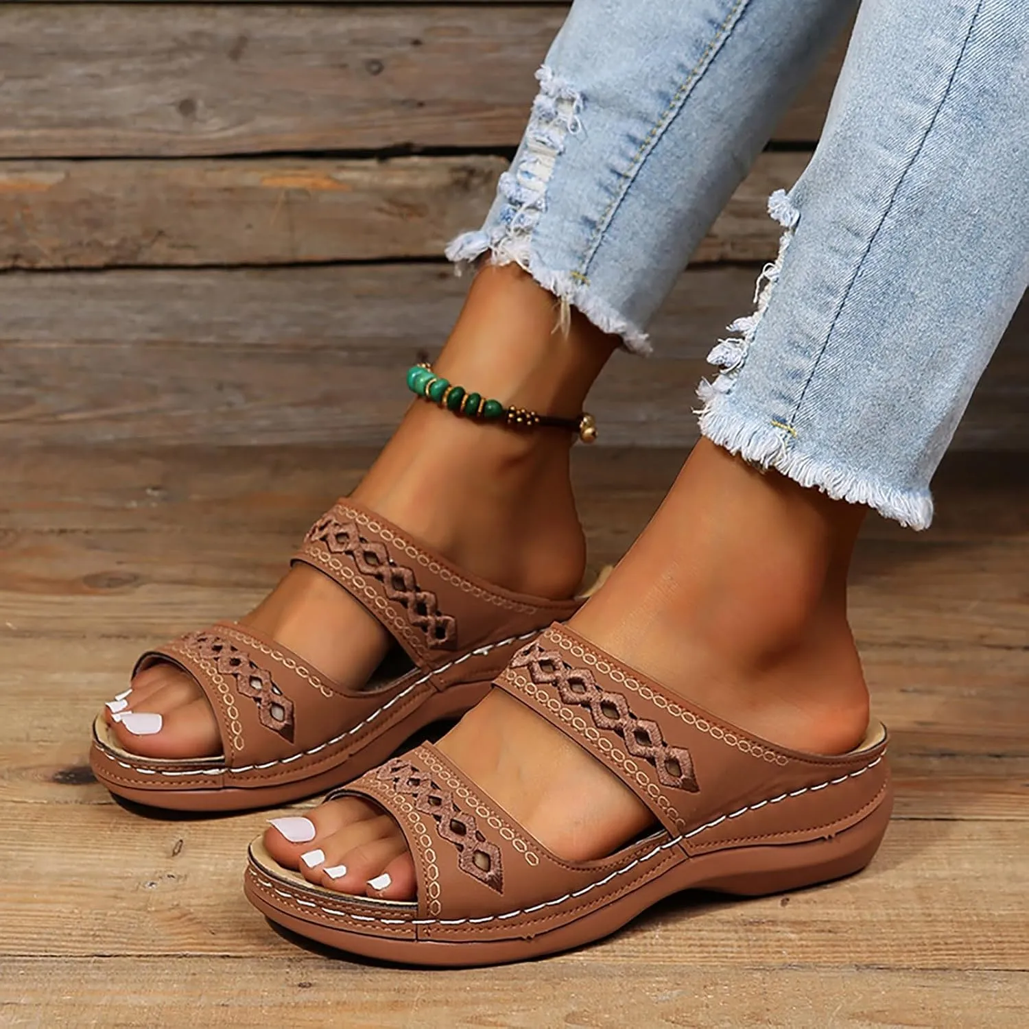 SuanlaTDS Womens Platform Sandals Comfortable Open Toe Slip on Wedges Slides Orthopedic Sandals with Arch Support Soft Sole Casual Summer Beach Low Heels Wedge Walking Sandals