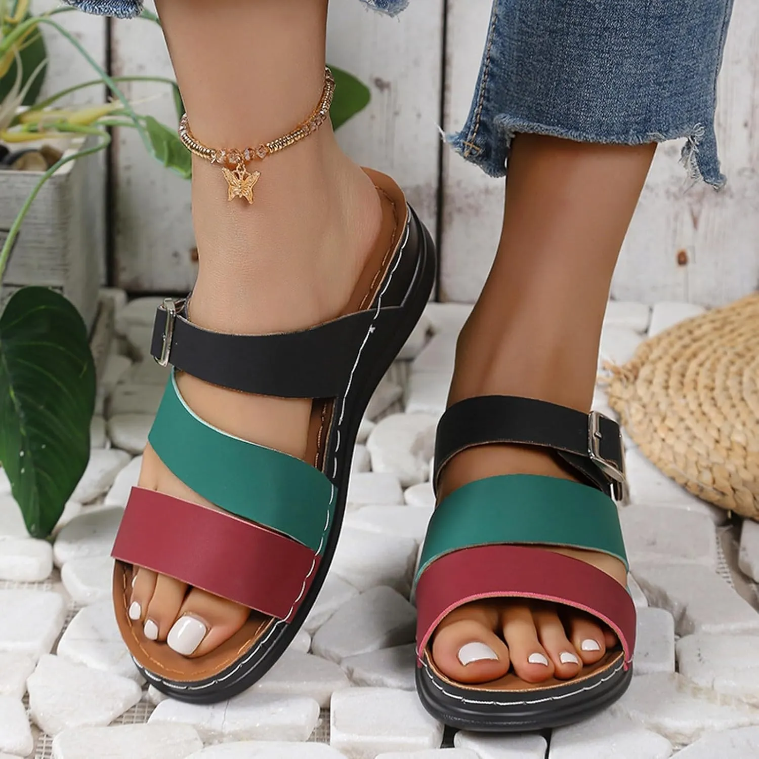 SuanlaTDS Womens Sandals Comfortable Dressy Wedge Platform Slip On Low Heels Orthopedic Sandals with Arch Support Summer Beach Casual Open Toe Wedges Flat Slide Sandals Outdoor Shoes