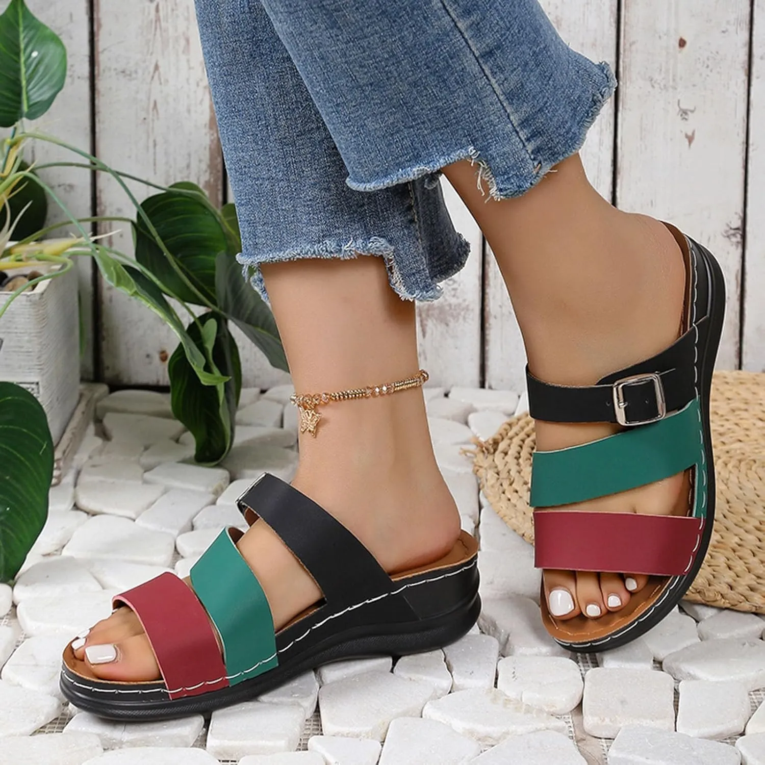 SuanlaTDS Womens Sandals Comfortable Dressy Wedge Platform Slip On Low Heels Orthopedic Sandals with Arch Support Summer Beach Casual Open Toe Wedges Flat Slide Sandals Outdoor Shoes