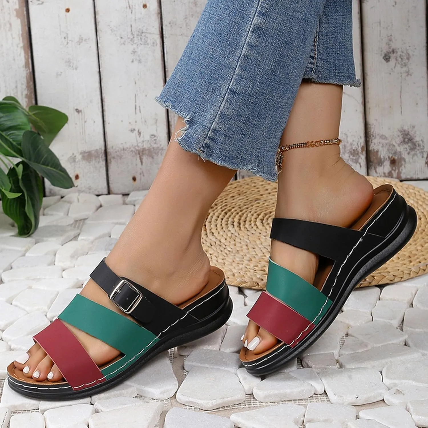 SuanlaTDS Womens Sandals Comfortable Dressy Wedge Platform Slip On Low Heels Orthopedic Sandals with Arch Support Summer Beach Casual Open Toe Wedges Flat Slide Sandals Outdoor Shoes